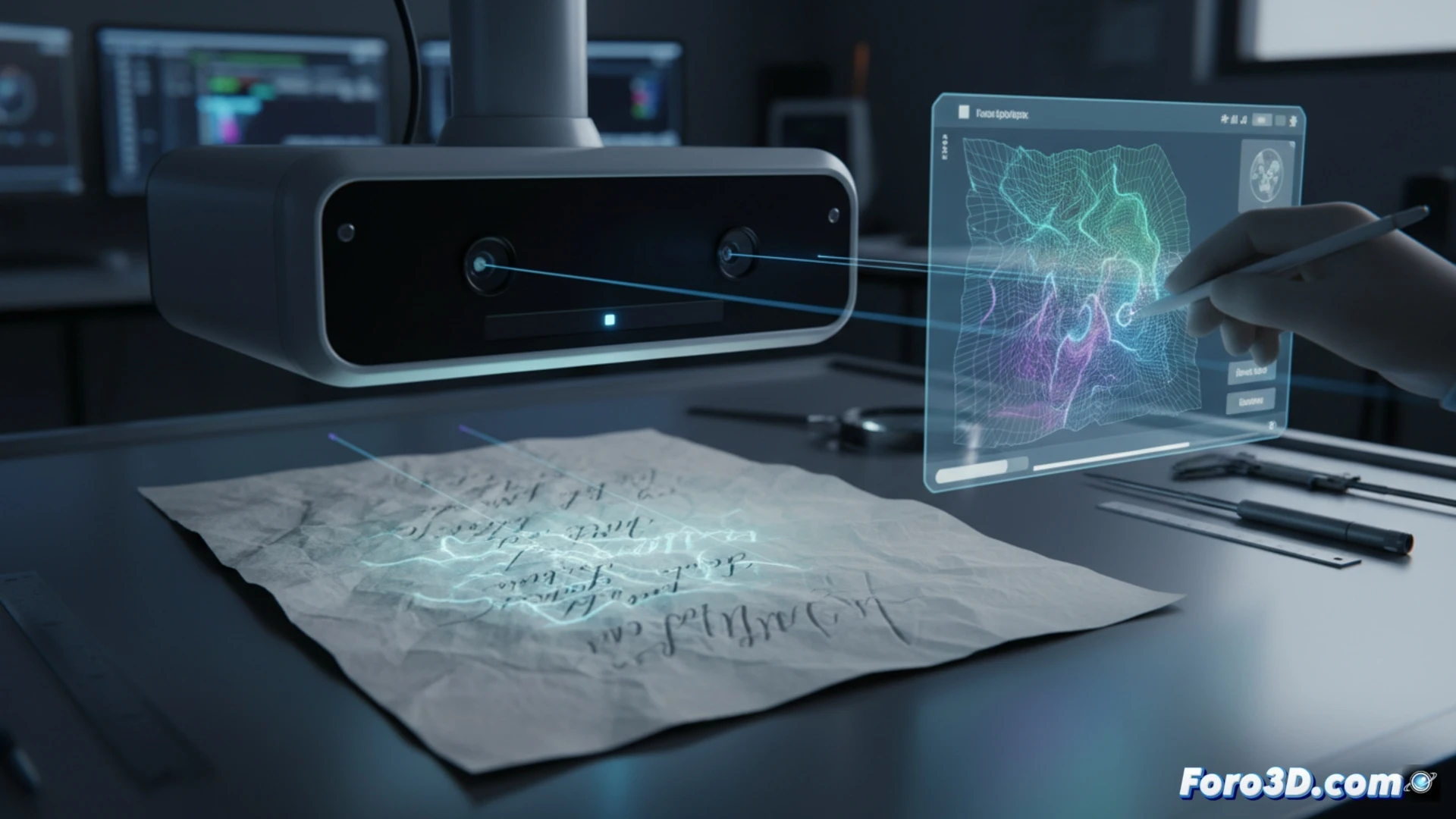 Escáner 3D forense capturando microrelieve de escritura indentada en papel para análisis criminalístico