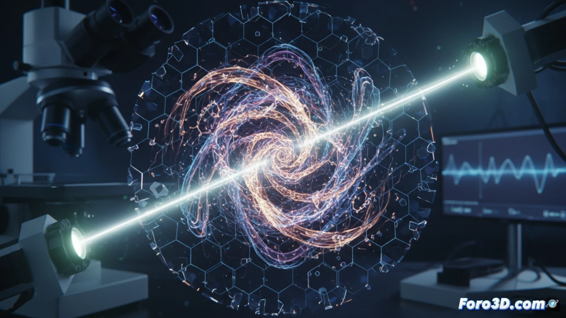 Un microscopio electrónico enfocado sobre un cristal brillante, con destellos láser azules y partículas híbridas que danzan en espiral, mitad luz y materia.