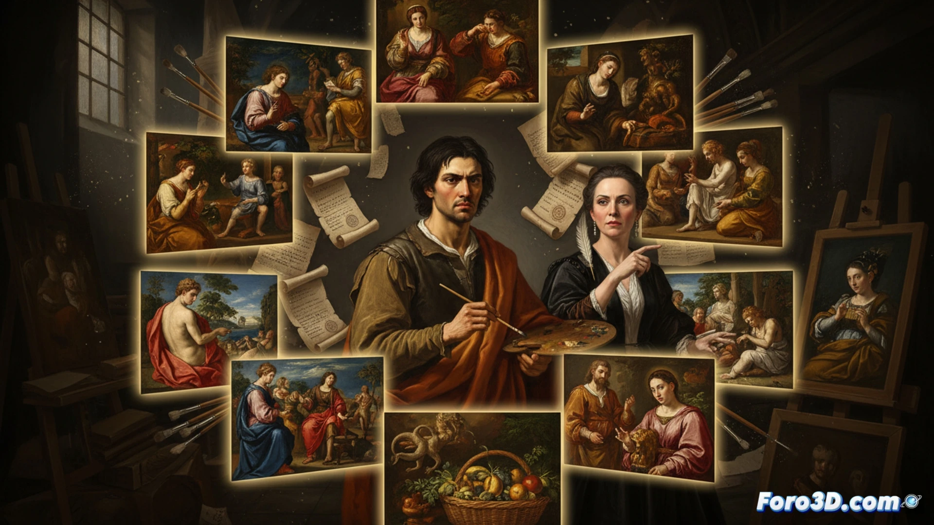 Descripción detallada para imagen (80-120 caracteres):  
Diez lienzos de Caravaggio flanquean un legajo judicial abierto, iluminado por un foco tenue.  

Nota: La descripción evoca el artículo al mostrar las obras clave y los documentos judiciales como eje central, sin usar comillas dobles.