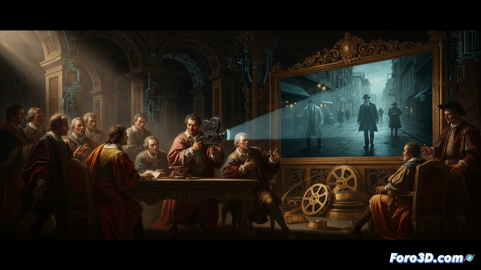Una composición en claroscuro: un plano cinematográfico con figuras iluminadas desde un foco lateral, sombras profundas y gestos dramáticos, evocando el tenebrismo de Caravaggio en escena moderna.
