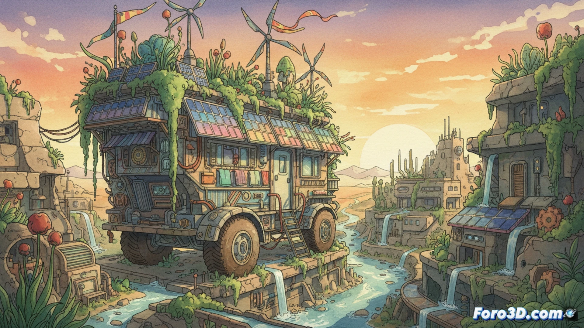 Caravan SandWitch mundo abierto solarpunk con acuarelas en Unreal Engine 5