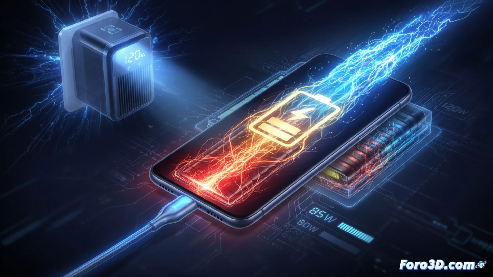 Un móvil con cable muestra 120W en pantalla, pero la batería solo carga rápido al inicio, bajando la potencia tras el 50%.