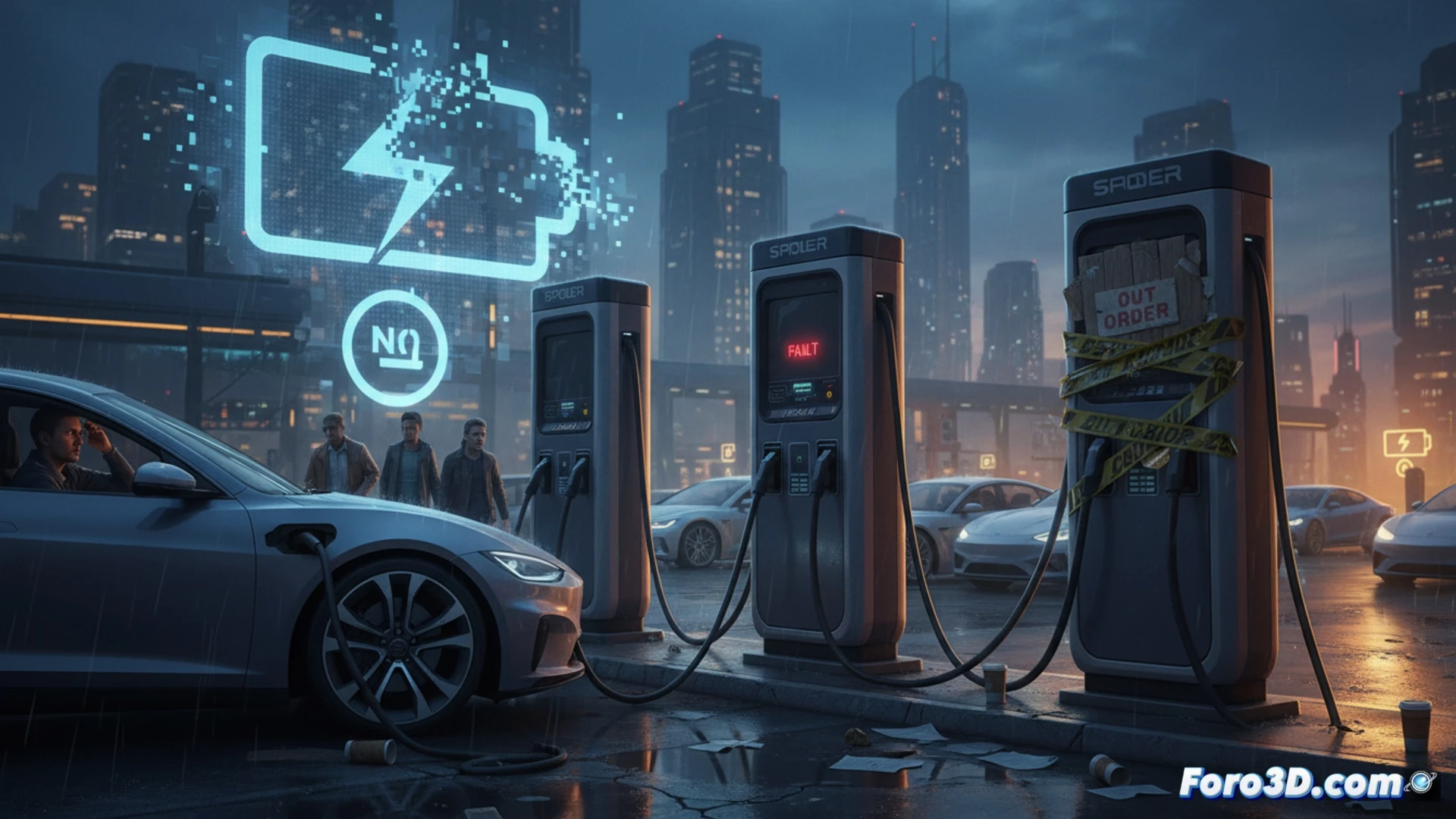 Electric vehicle charging station with a technician troubleshooting a non-functional unit, diagnostic tablet showing red error code while a driver waits frustrated, exposed internal circuit board with disconnected cable, concrete parking lot, overcast sky, technical illustration style, sharp focus on the open panel and tools, realistic industrial lighting, photorealistic engineering visualization