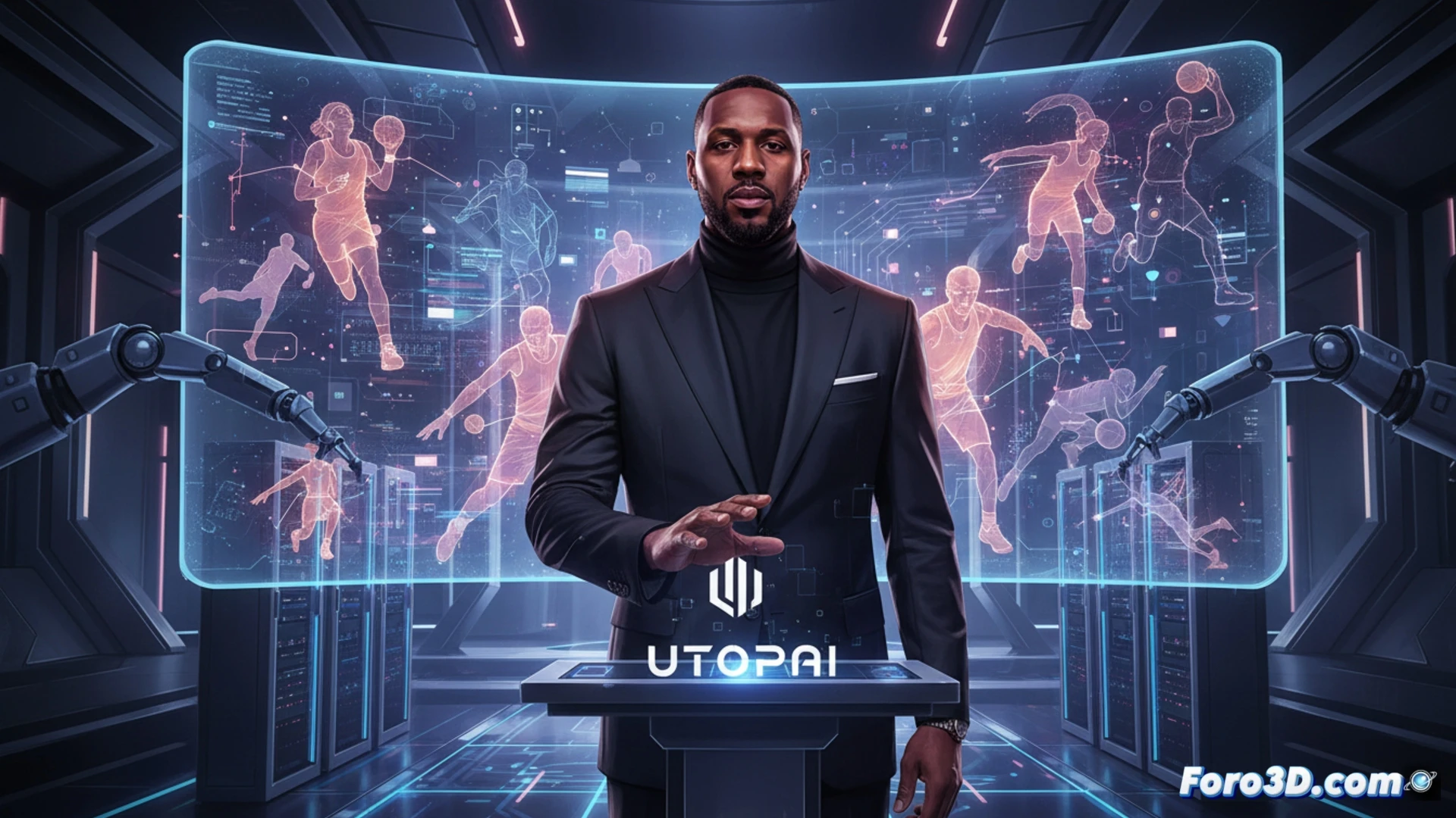 Cinematic scene of a basketball court transforming into a digital storyboard, a glowing AI interface projecting athlete silhouettes into film reels and streaming screens, Carmelo Anthony standing in a director chair while pointing at a holographic timeline of sports narratives, PAI platform interface visible with motion-capture data streams and script generation algorithms, photorealistic technical illustration, dramatic blue and orange lighting, holographic data particles floating around, ultra-detailed hardware like neural processing units and camera rigs in background, showing the creative process of converting real sports stories into cinematic IP.