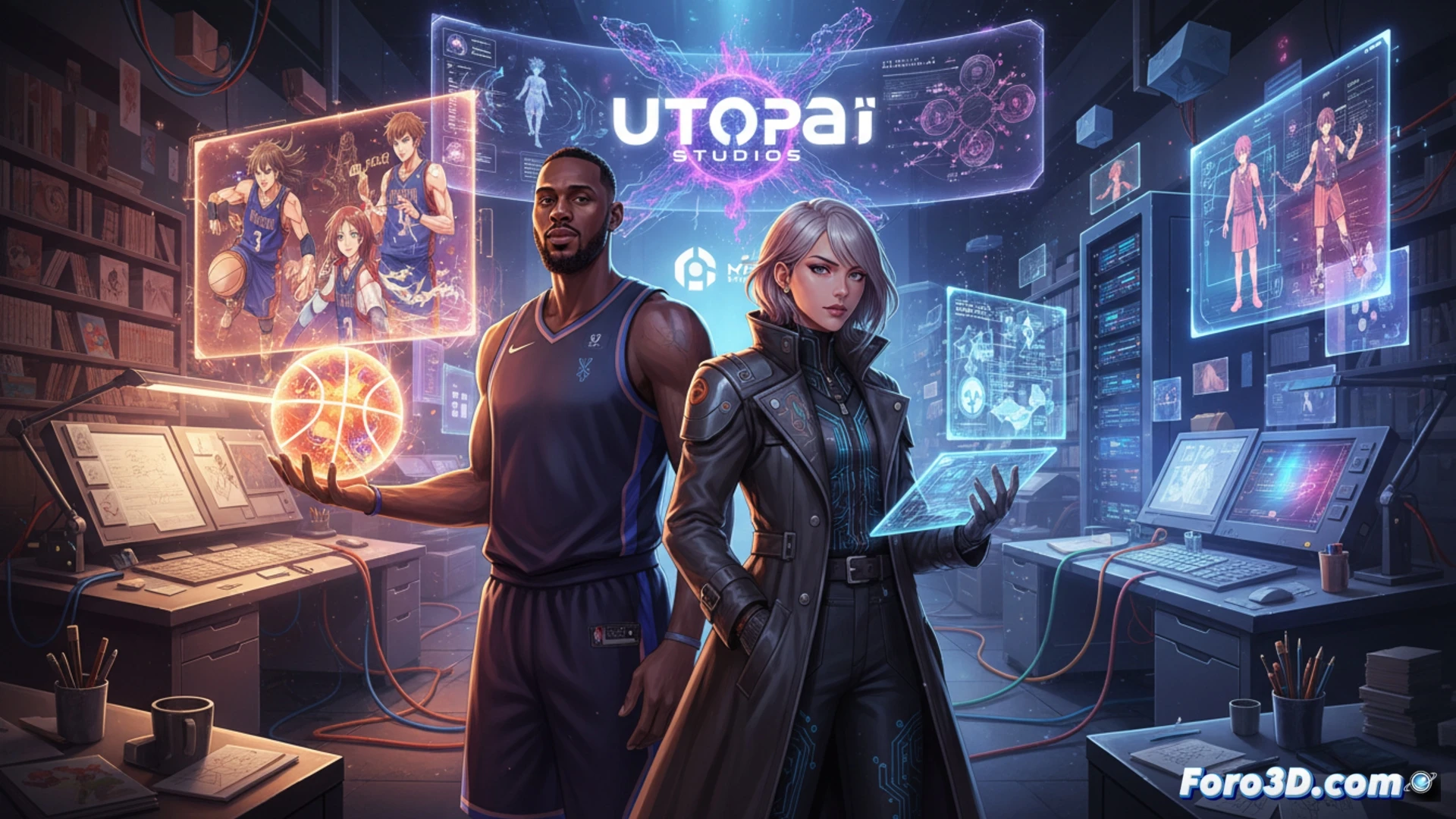 Utopai studio workspace during anime production, Carmelo Anthony basketball silhouette being scanned by multiple AI cameras while holographic storyboard panels float around, creators gesturing at digital character rigging tools on translucent screens, neon blue wireframe athlete model mid-dunk animation, robotic arms sketching concept art on light tables, glowing AI processing nodes overhead, cinematic cyberpunk lighting, photorealistic technical illustration, sleek futuristic office with exposed circuitry walls