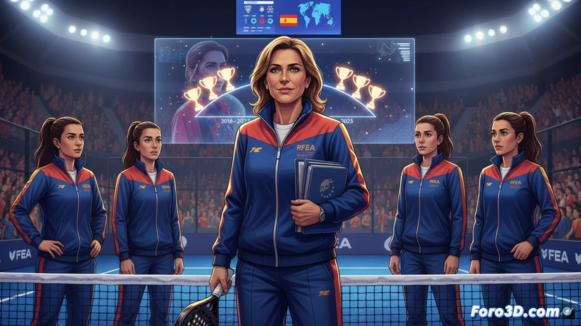 Carolina Navarro dirigiendo entrenamiento táctico en pista de pádel, sosteniendo una tableta digital con diagrama de juego, mostrando posiciones a jugadoras en acción durante un punto simulado, pista con marcas de desgaste, red vibrante, fondo de grada vacía, iluminación cenital fría, estilo cinematic photorealistic, captura de movimiento congelado, sudor visible, concentración extrema, raquetas en posición de golpe, líneas de trayectoria dibujadas en la tableta, ambiente técnico deportivo de alta competición.