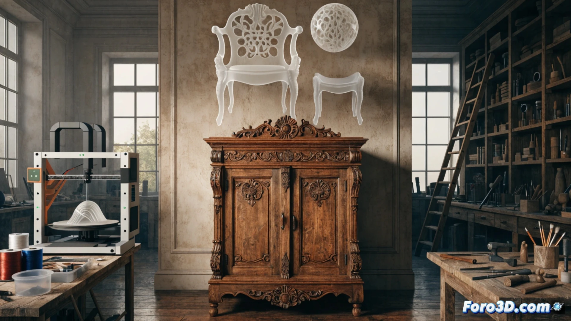 Un carpintero digital escanea una pieza curva de madera antigua para imprimirla en 3D con resina y filamento, fusionando tradición y tecnología.