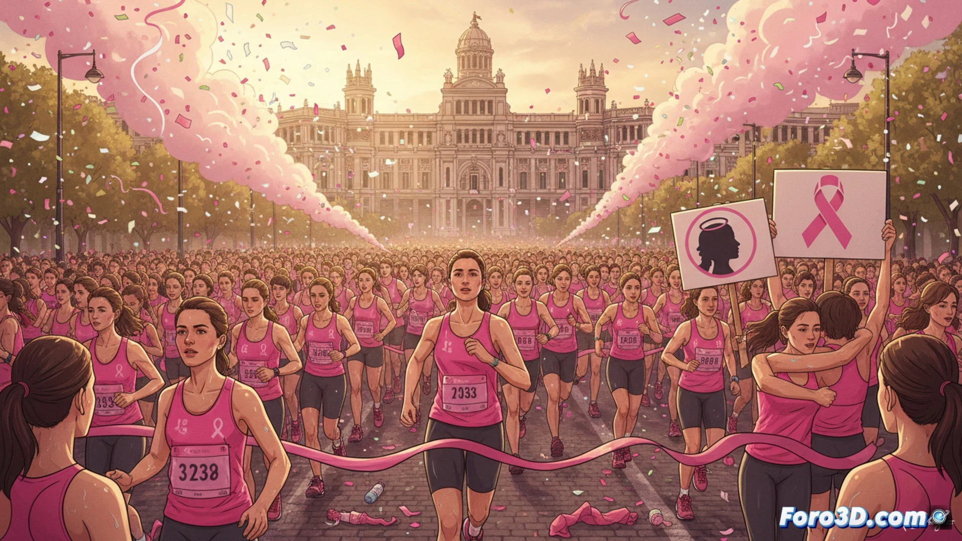Una marea rosa de 38.000 corredoras llena el Paseo de la Castellana en Madrid bajo un cielo despejado.