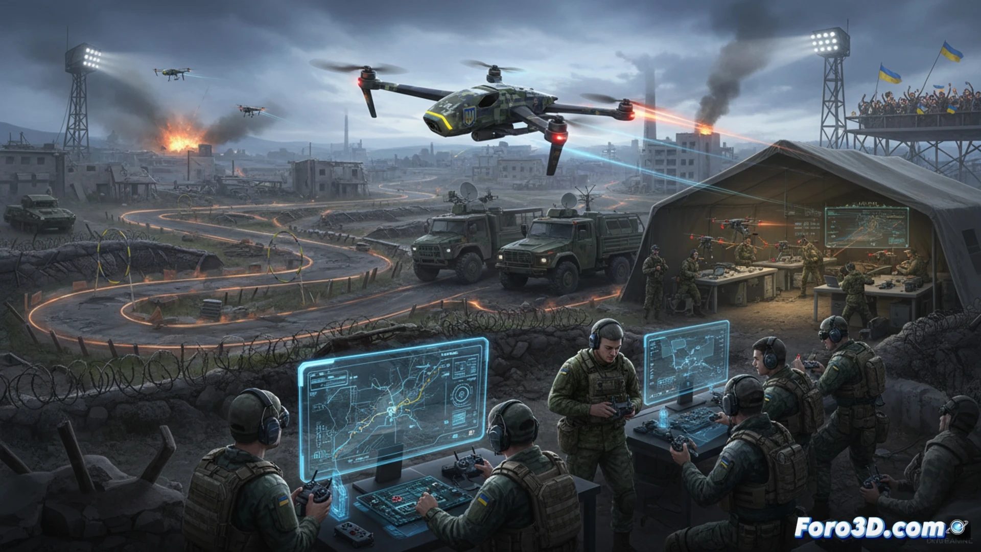 Ucranian soldiers and engineers gathered around a racing drone circuit at dusk, two FPV drones mid-air banking sharply through a concrete obstacle course, one drone carrying a small munition payload, another with a test camera module, laptop open on a wooden crate displaying real-time telemetry and flight path data, soldering iron and spare propellers on a military camouflage tarp, smoke trail from a nearby explosion, tactical vests and rifles visible on participants, dynamic motion blur on drones, glowing LED navigation lights, photorealistic cinematic warzone engineering visualization, dramatic low-angle sunlight, dust particles illuminated