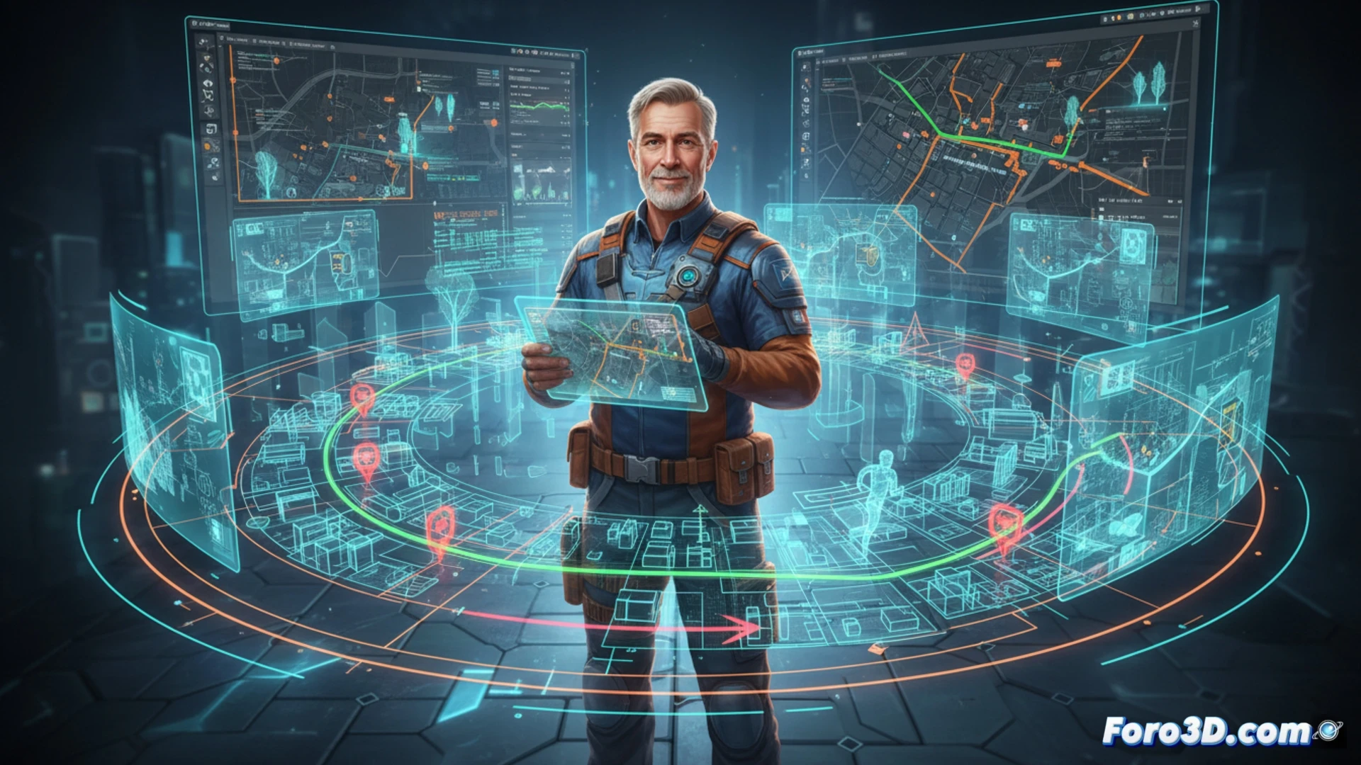 Un cartero con gorro y uniforme sostiene un mapa 3D digital. A su lado, un monitor muestra un barrio modelado en Blender con rutas azules y obstáculos rojos, mientras QGIS y Unity destacan en la interfaz.