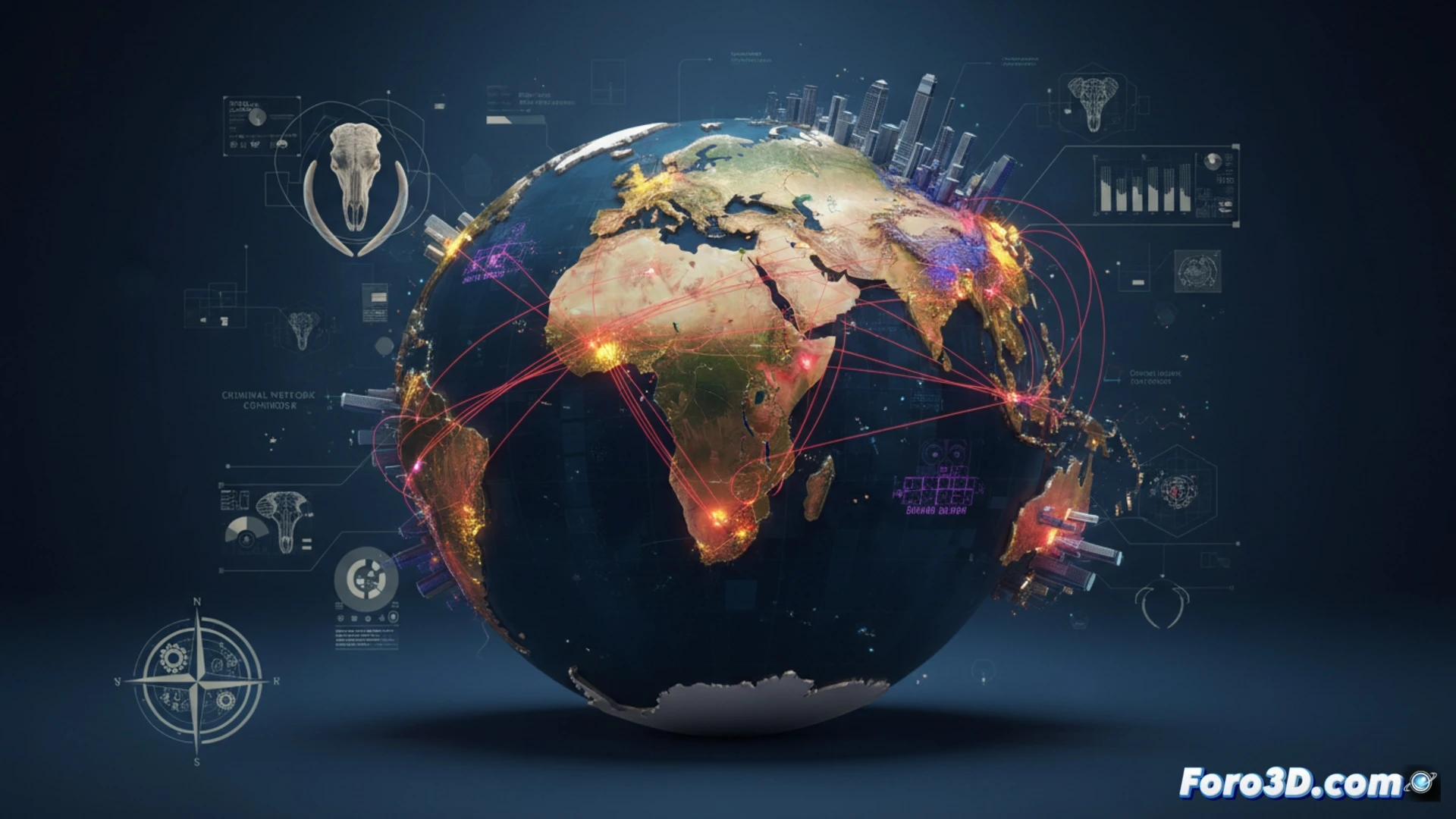 Mapa 3D de rutas ilegales de marfil desde África hasta Asia, con puntos de control y corredores de tránsito criminales.