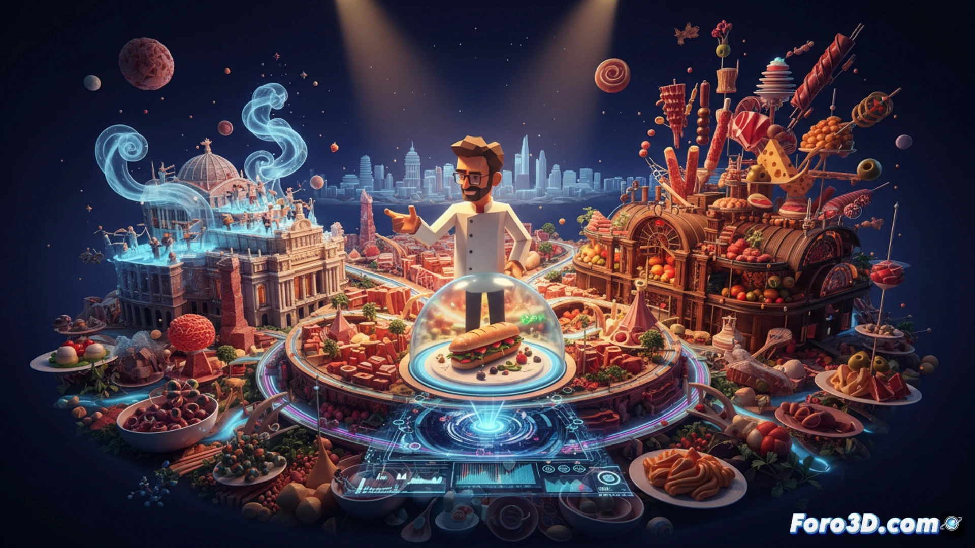 Mapa emocional 3D de Madrid con escenografía gastronómica inmersiva de Paco Roncero, sabores y recuerdos modelados