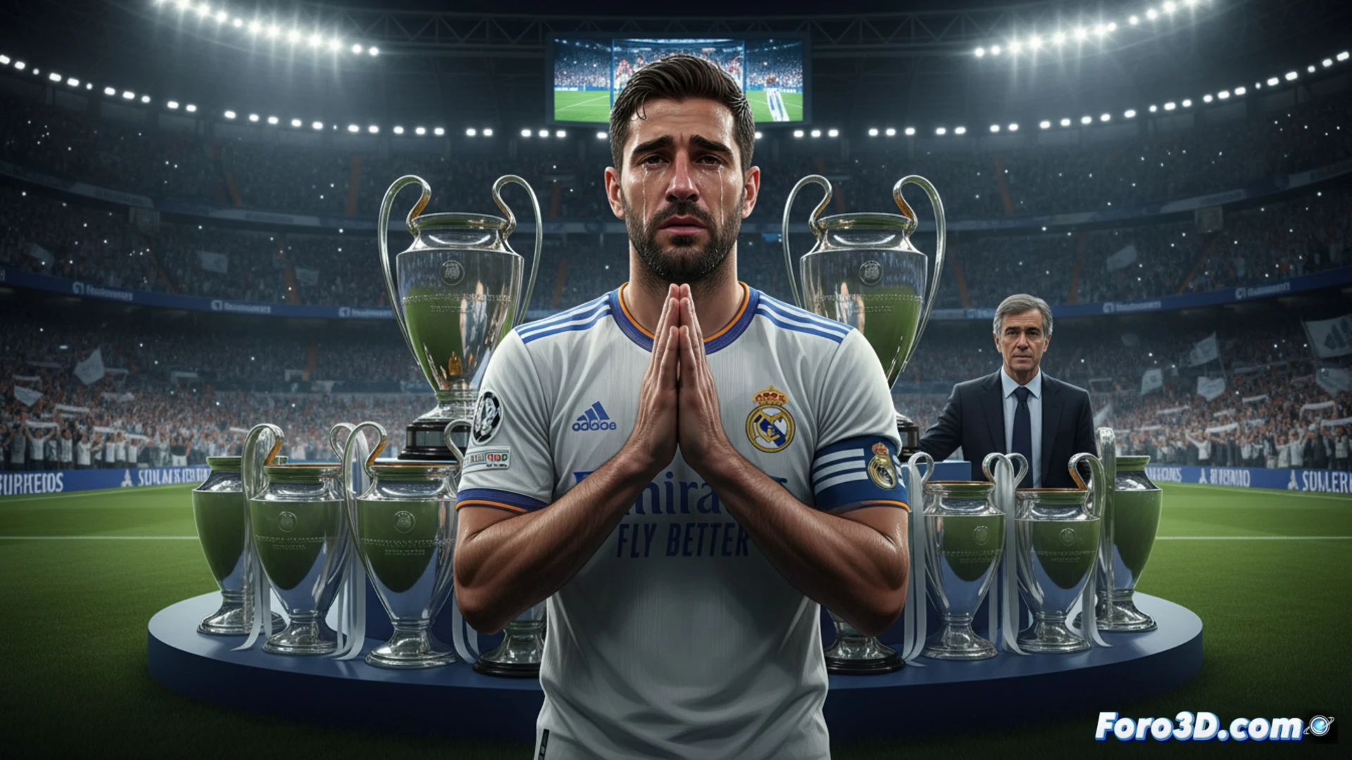 Santiago Bernabéu stadium pitch at center, Dani Carvajal kneeling on grass while clutching Real Madrid jersey, tears streaming down face, stadium lights illuminating his figure, massive tifo banner showing his silhouette with raised arms, teammates applauding around him, Florentino Pérez approaching with hand extended, confetti falling, dramatic cinematic lighting, deep shadows and golden hour glow, ultra-detailed facial expression, photorealistic sports photography style, emotional farewell scene, high contrast, 8K quality
