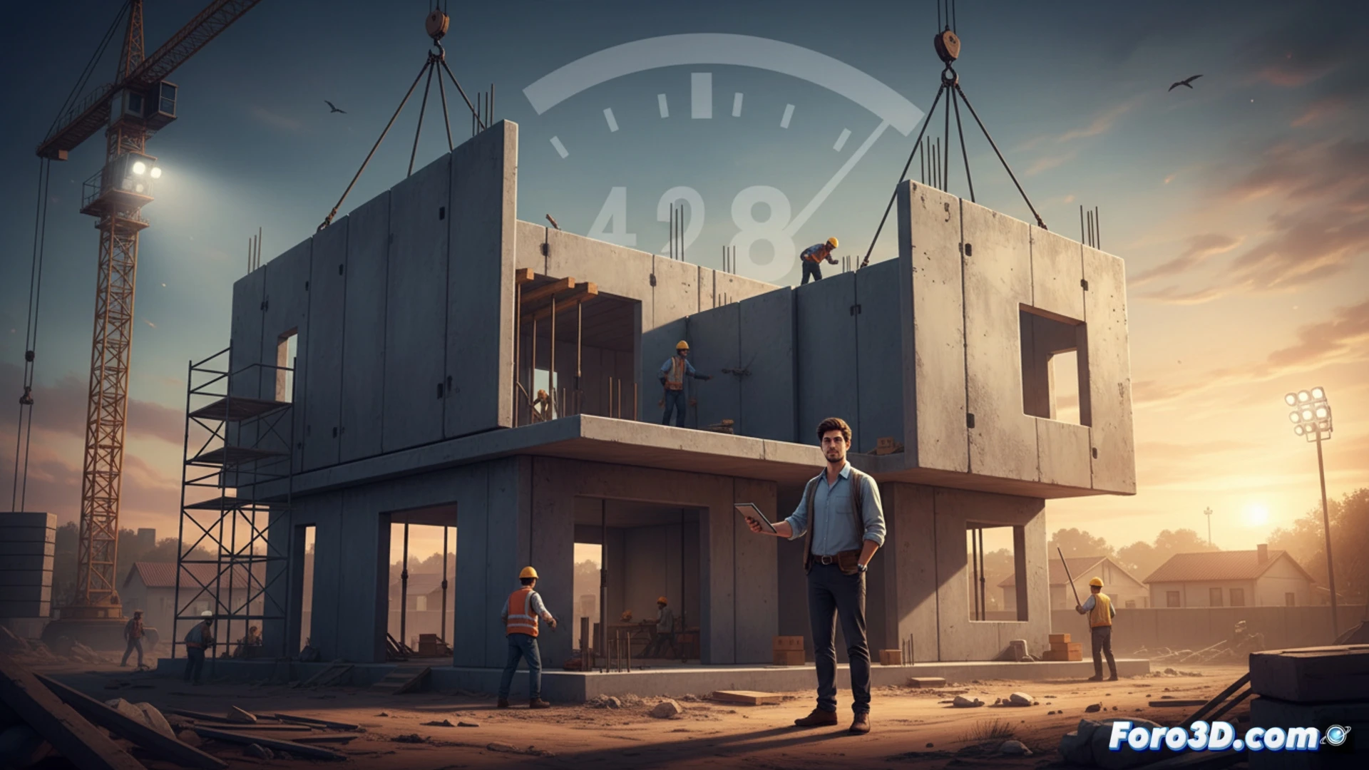 Construction workers assembling prefabricated concrete panels with crane assistance on a 120 square meter house foundation, rapid assembly process during daylight, steel reinforcement bars visible at panel joints, hydraulic leveling jacks aligning wall sections, concrete mixer truck pouring fresh mortar into connection seams, dust particles suspended in sunlight, photorealistic technical illustration, cinematic wide-angle shot, high contrast shadows and highlights, detailed construction equipment, blueprints spread on nearby table, safety helmets and harnesses visible, dynamic action scene showing time-lapse efficiency, engineering visualization style, industrial ambient lighting
