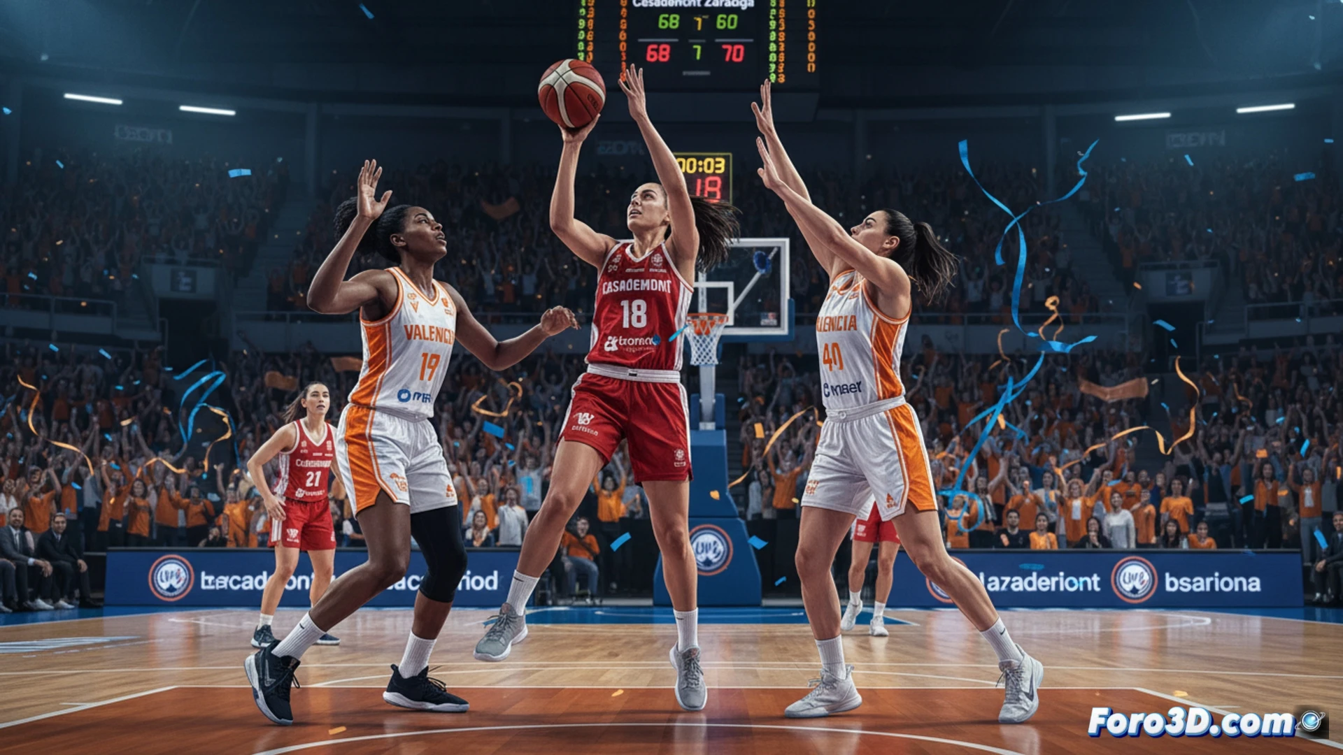 basketball court action scene, Casademont Zaragoza player Merrit Hempe releasing a three-point shot at the top of the arc, ball mid-flight with spin visible, Valencia Basket defenders closing in with outstretched arms, scoreboard in background showing tight game, dramatic gymnasium lighting casting long shadows, hardwood floor reflections, crowd blur in stands, photorealistic sports photography style, frozen motion emphasizing ball trajectory and player tension, high-contrast cinematic lighting, ultra-detailed jersey textures and sweat droplets