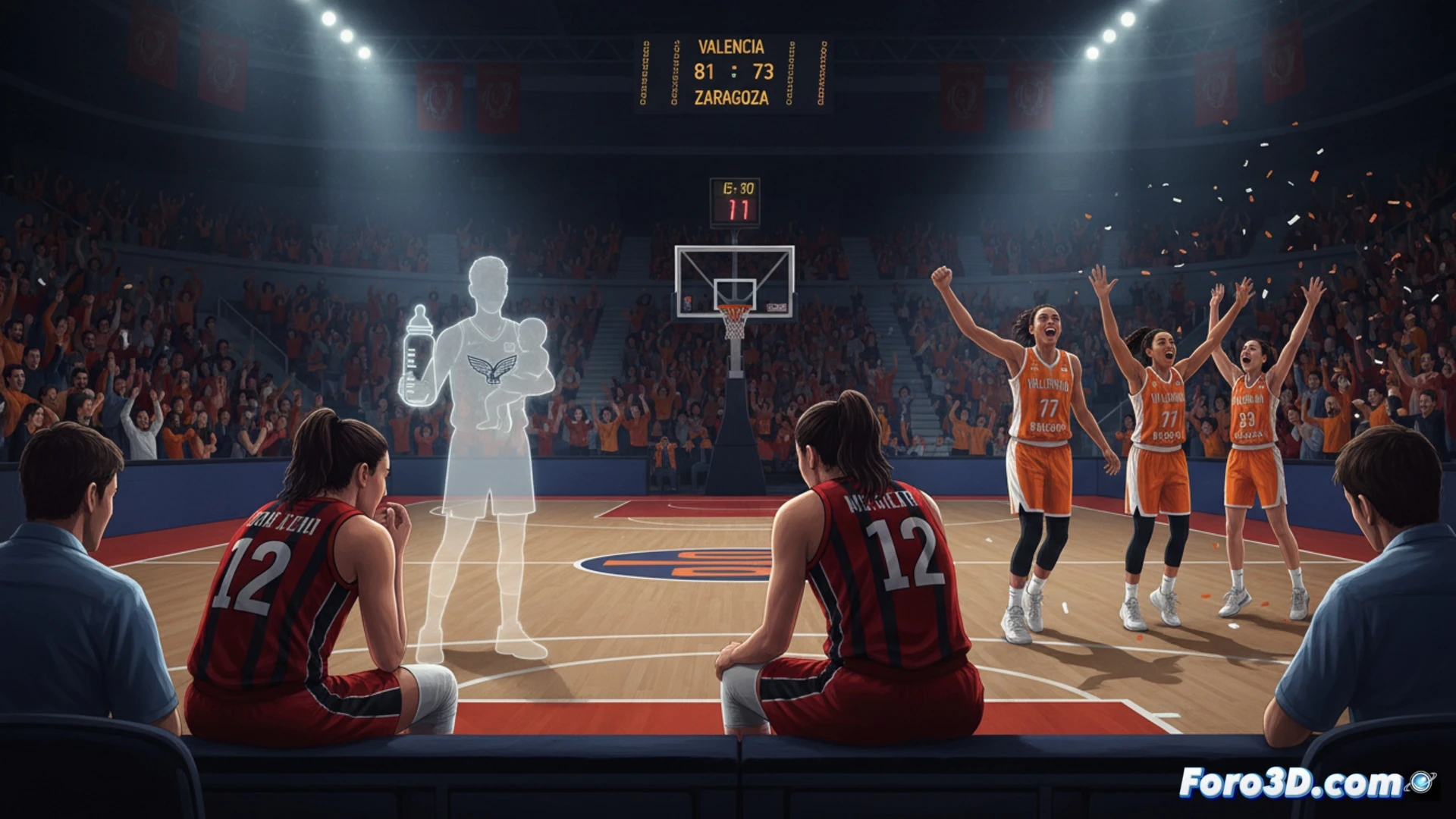 basketball court action scene, Casademont Zaragoza player in white jersey attempting a three-point shot under defensive pressure from Valencia Basket players in orange jerseys, scoreboard showing 73-81 in background, empty bench area highlighting missing key players, emotional defeat atmosphere during final seconds of game, cinematic sports photography style, dramatic arena lighting, sweat droplets frozen mid-air, high-contrast shadows on hardwood floor, photorealistic sports illustration, motion blur on fast-moving arms, intense facial expressions, professional basketball broadcast aesthetic, ultra-detailed jersey fabric textures