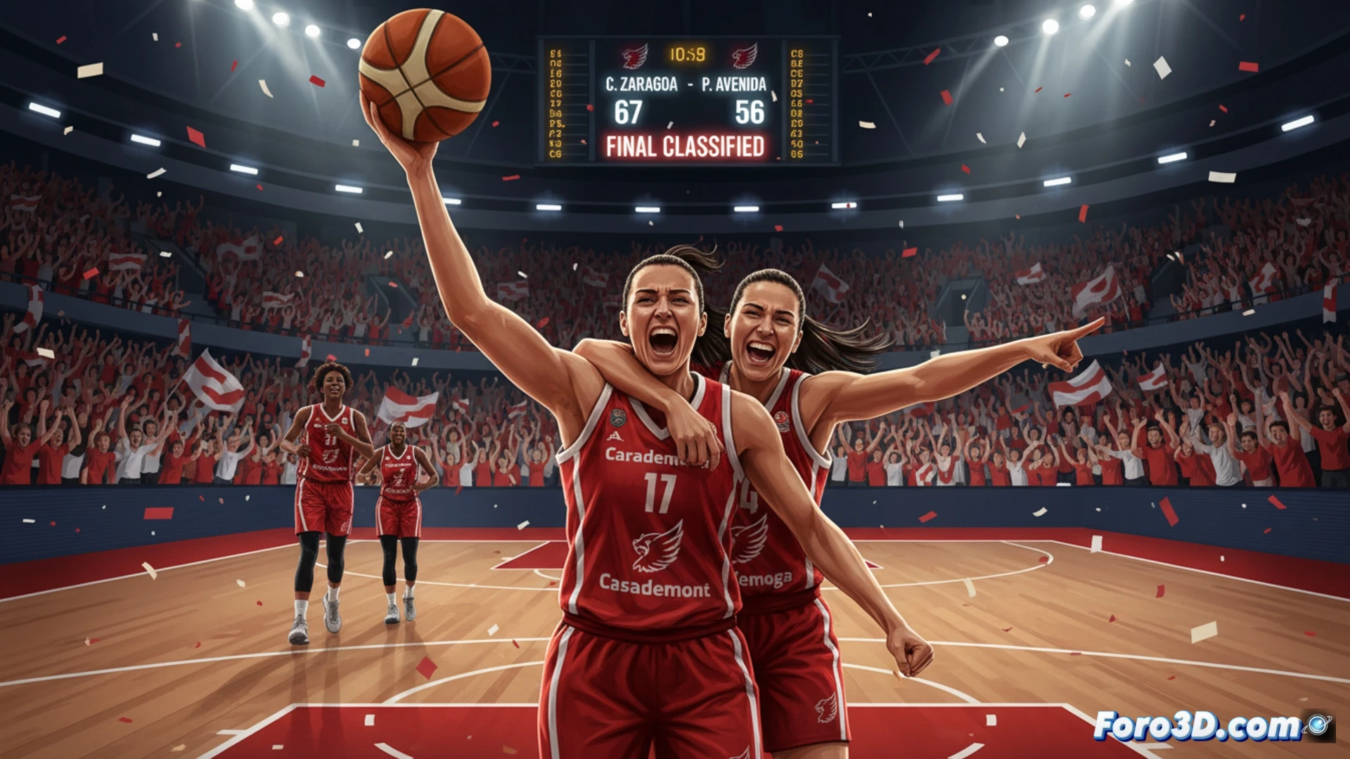 Descripción (80-120 caracteres): Jugadoras de Casademont Zaragoza celebran un triunfo agónico 67-56 ante Perfumerías Avenida en la semifinal.