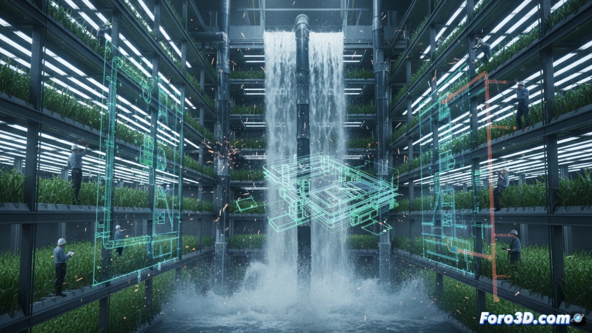 Reconstruccion 3D de cascada interna en granja vertical hidroponica tras inundacion catastrófica