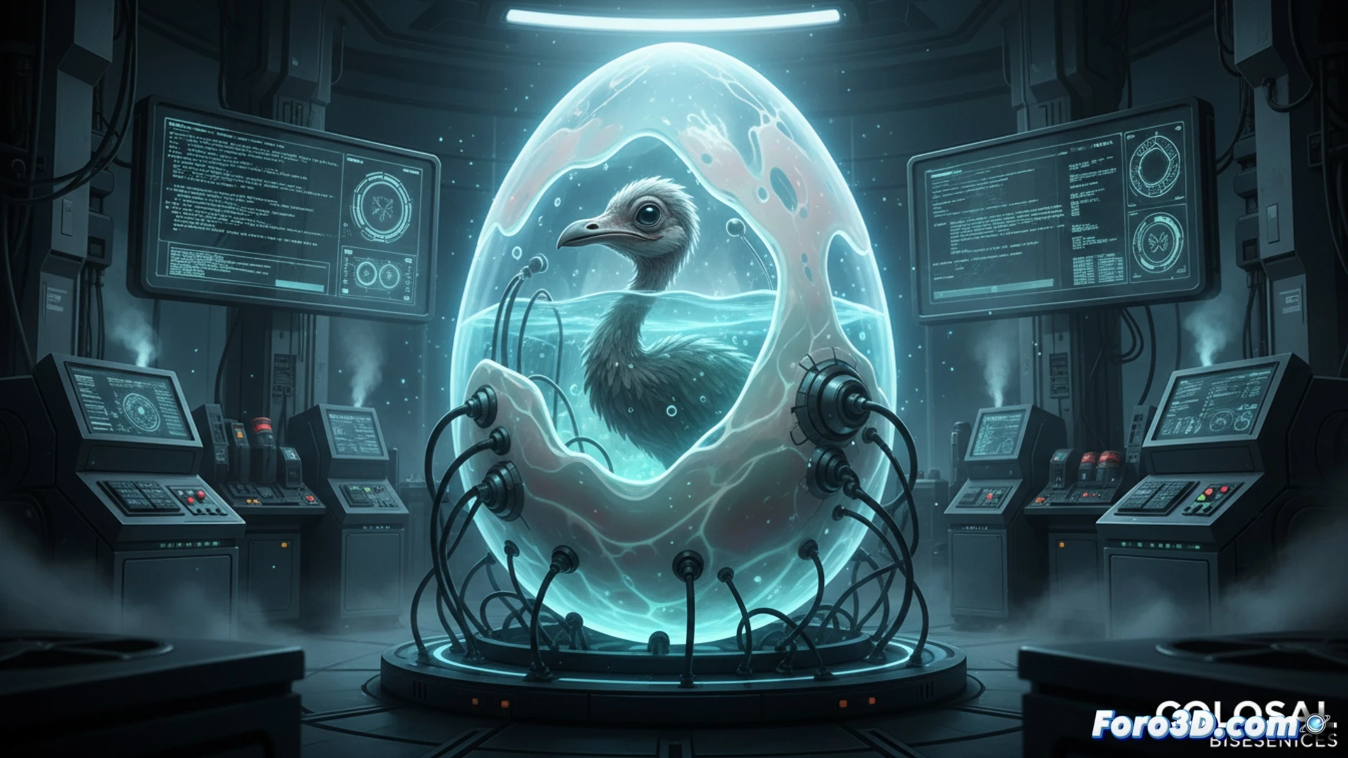 Silicon artificial eggshell in a sterile biolab, transparent membrane revealing a giant moa embryo inside, scientists adjusting the silicone lattice with robotic arms, holographic growth data floating above, egg compared to a human figure for scale, photorealistic engineering visualization, bright clean lab lighting, high-tech incubator chamber, detailed metallic supports, realistic embryo structures, cinematic technical render