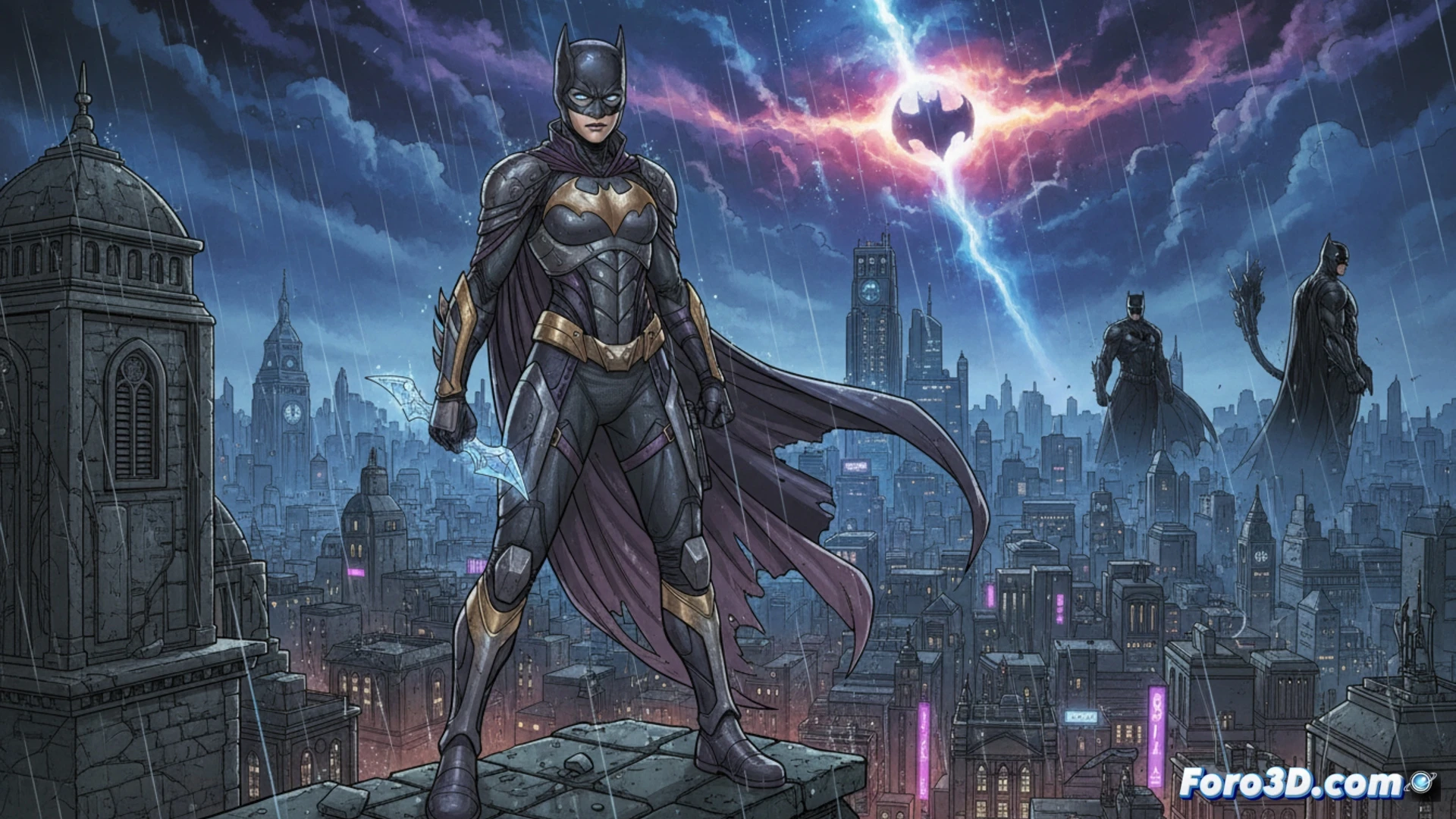 Cassandra Cain mid-air combat demonstration, grappling hook cable wrapping around a rooftop AC unit while she spins to kick an armored guard, Absolute DC universe style, dark gothic cityscape with neon reflections on wet asphalt, bat-shaped shurikens embedded in concrete, her cape twisting dynamically mid-motion, exposed tactical gear with reinforced knee pads and fingerless gloves, cinematic action shot, low-angle perspective emphasizing speed, motion blur on her trailing leg, rain droplets frozen in time around her fist, photorealistic technical illustration, dramatic blue and orange contrast lighting, ultra-detailed fabric wrinkles and metallic scuff marks.