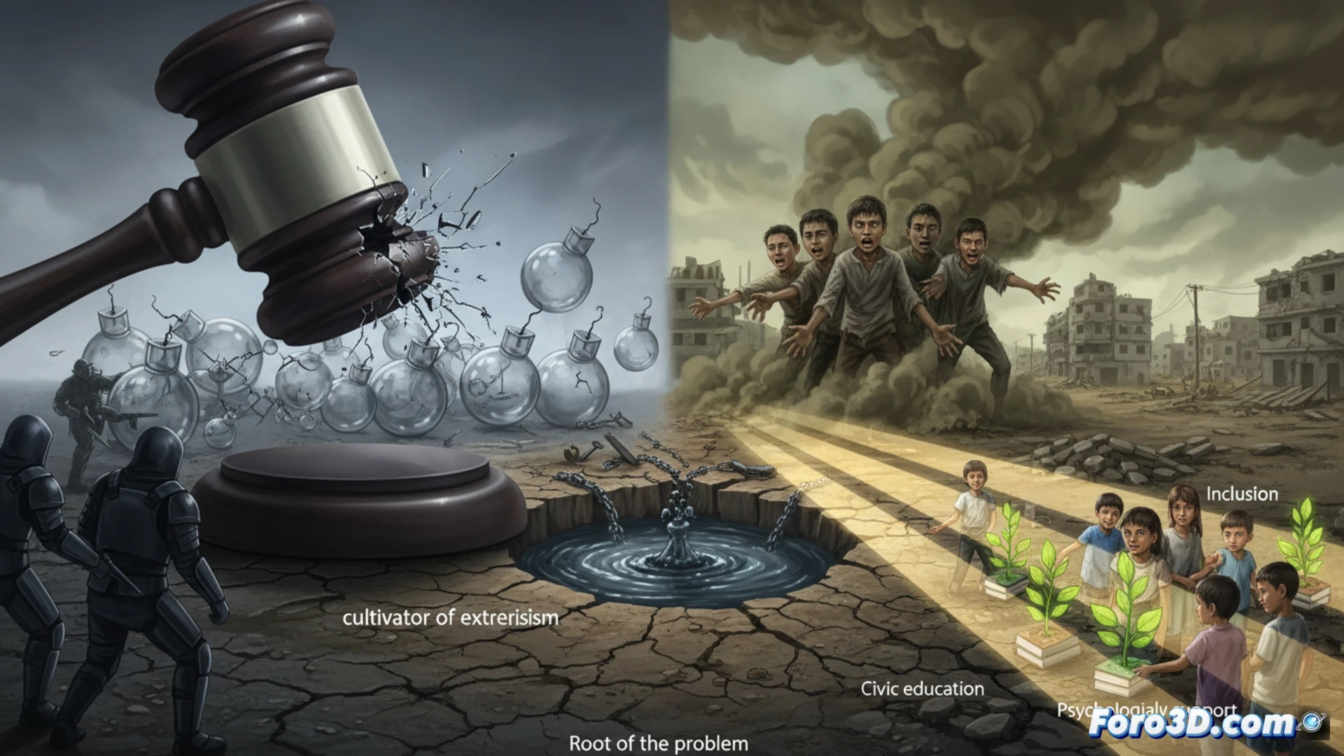 young man isolated in a dim urban stairwell, looking down at a smartphone screen showing a recruitment message, while in the background a community center window displays a broken sign reading integration program closed, a judge's gavel and handcuffs lie unused on a nearby step, contrasting with a dusty laptop showing a blank civic education course, cinematic photorealistic style, dramatic shadows, cold blue and amber lighting, ultra-detailed textures on concrete walls and worn clothing, symbolic composition emphasizing neglect versus punishment