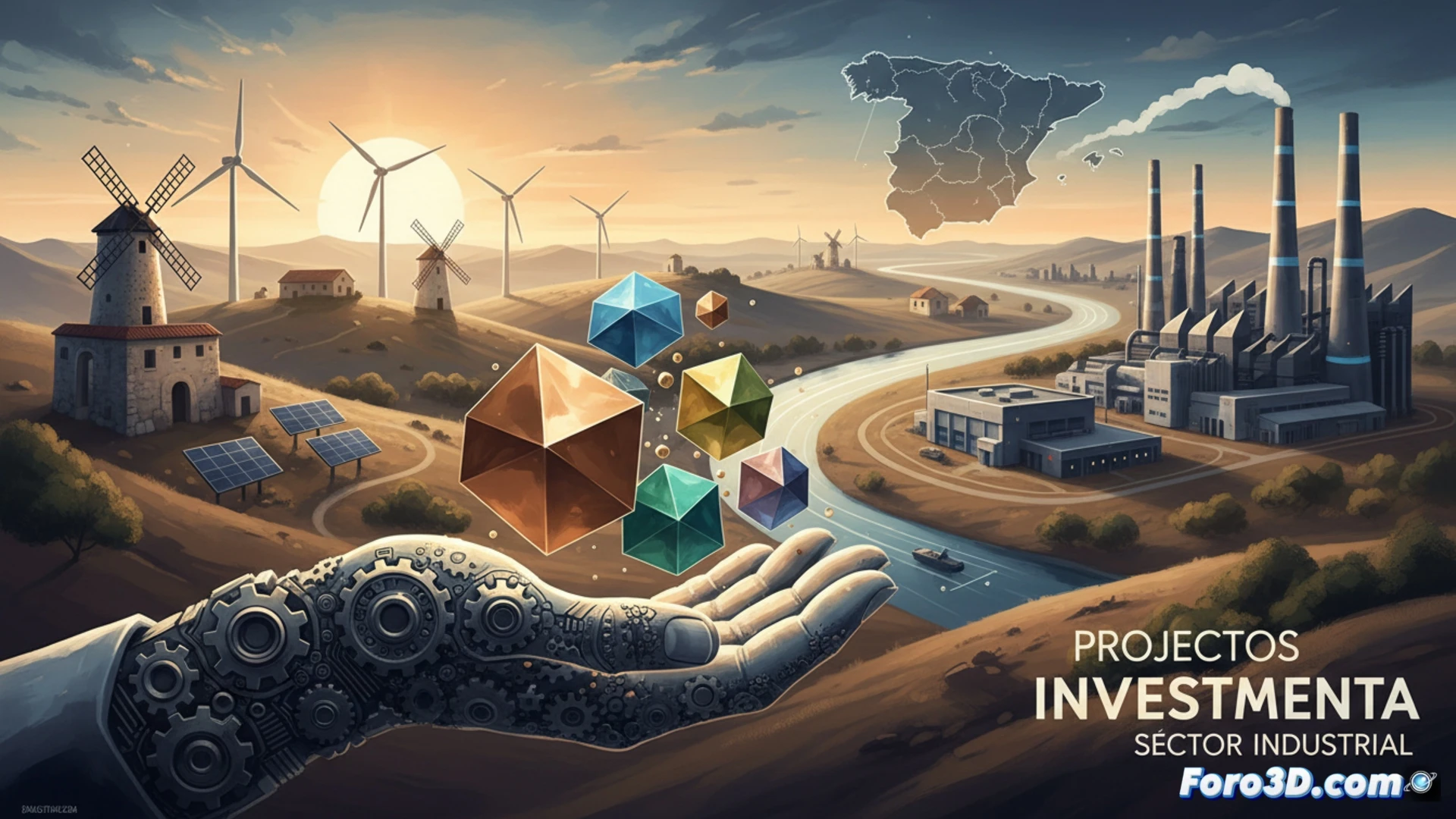 industrial zone at dawn, a glowing holographic globe hovering above a cluster of modern factories, metallic robotic arms assembling electronic components on a conveyor belt, a digital dashboard floating in the foreground showing upward graphs and percentage markers, sunlight reflecting off solar panels on the roof, wind turbines spinning in the distant hills, concrete floor with fresh tire marks from delivery trucks, clean photorealistic engineering visualization, warm golden hour lighting, sharp focus on mechanical details, subtle lens flare, cinematic industrial atmosphere