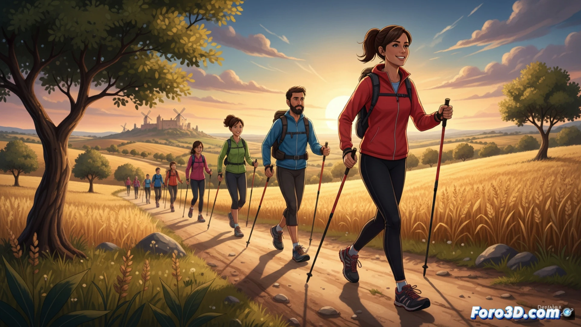 Un grupo camina con bastones al amanecer en un paisaje rural de Castilla-La Mancha, promoviendo salud física y mental.