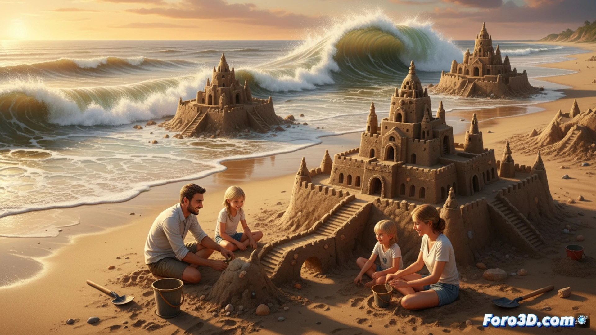 familia construyendo un castillo de arena detallado con cubos y palas, torres y fosos en la orilla, mientras la marea sube y olas espumosas golpean la base del castillo, arena mojada desmoronándose en segundos, niños y adultos mirando la destrucción, sol bajo en el horizonte, reflejos dorados en el agua, estilo cinematográfico realista, toma dramática de cerca y gran angular, texturas granuladas de arena húmeda, espuma marina blanca, luces cálidas del atardecer, efecto de movimiento en el agua, alta definición, fotorealismo técnico