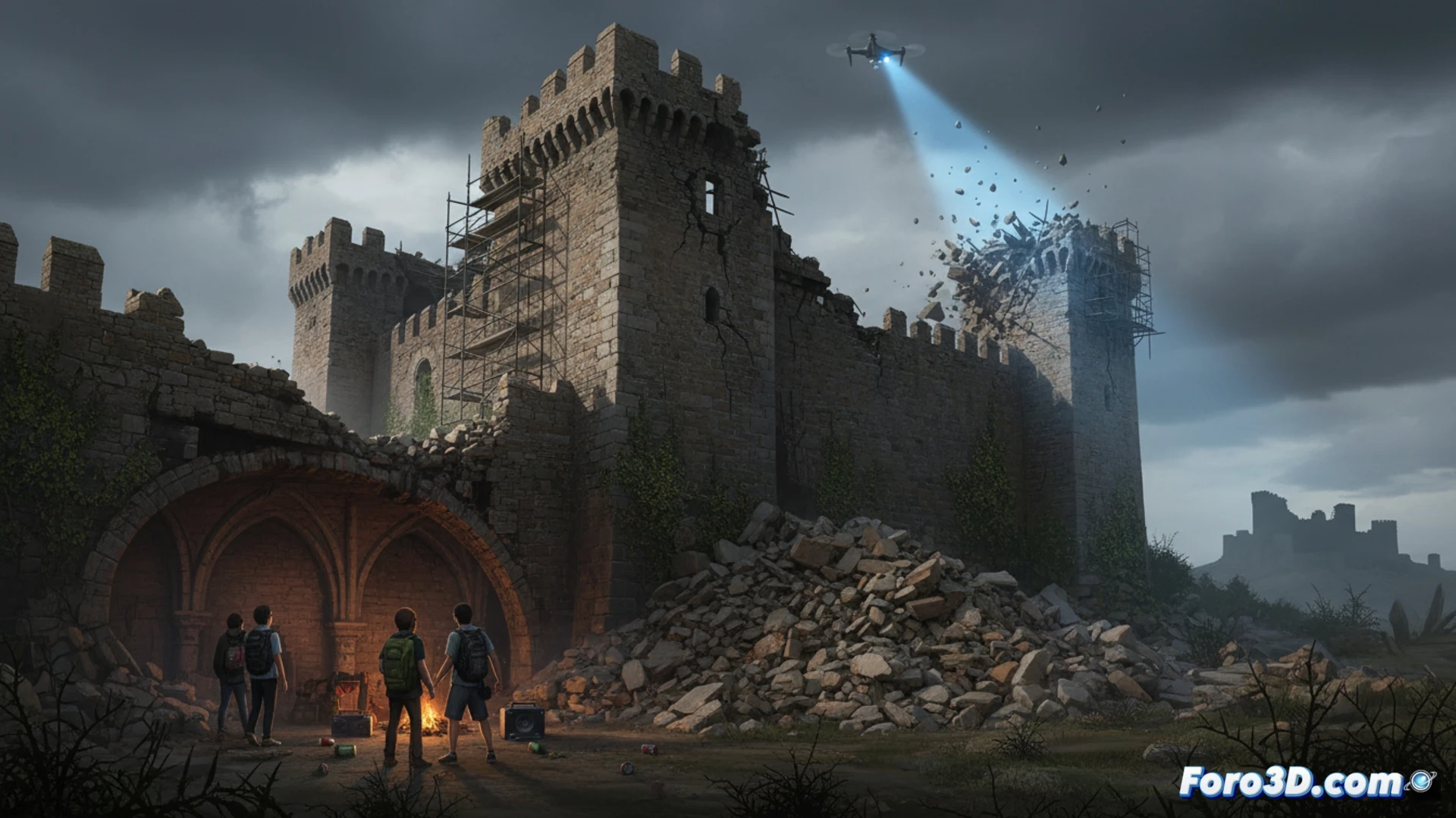 DESCRIPCIÓN: Ruinas de un castillo medieval español con grietas y maleza, al fondo luces de fiesta ilegal y un cartel de 'prohibido el paso' caído.