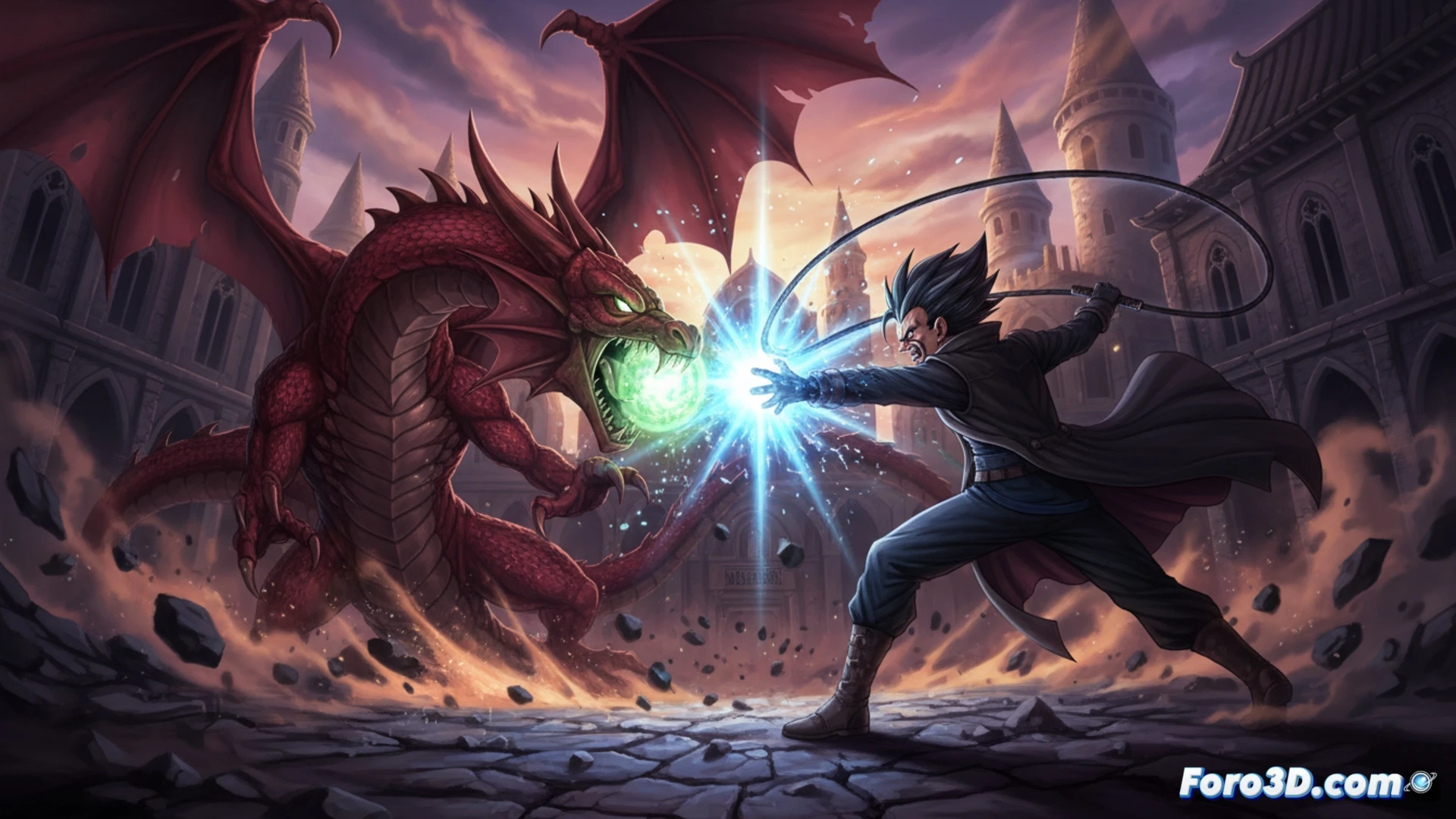 gothic castle courtyard at midnight, a dark-haired whip-wielder mid-swing, leather coat flaring, metal chain cutting through a vampire's torso in a spray of black blood, another vampire charging with glowing red eyes while a burst of golden ki energy explodes behind them, shattered stone pillars and stained glass fragments floating in slow motion, cinematic action scene, photorealistic technical render, dramatic moonlight and torchlight, dynamic combat pose, motion blur on whip tip, glowing magical aura around ki blast, hyper-detailed gothic architecture, dark atmospheric fog, high-contrast lighting