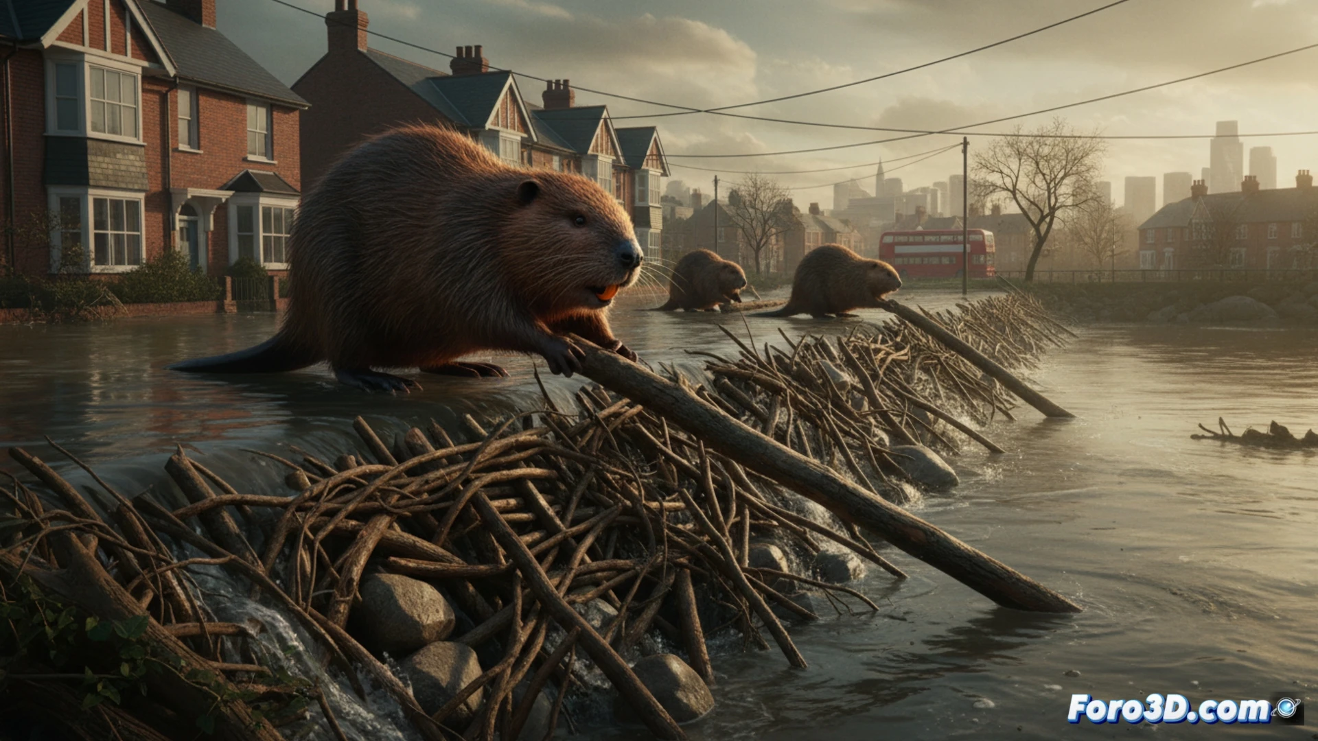 urban beaver dam construction in a London canal near Greenford station, beaver dragging a willow branch through shallow water, freshly built dam structure with interwoven logs and mud slowing the current, water level visibly rising behind the dam, storm clouds overhead with raindrops hitting the surface, modern city buildings and a red brick railway bridge in the background, technical engineering visualization showing water flow dynamics with blue arrows indicating reduced velocity upstream, photorealistic cinematic style, dramatic overcast lighting, wet textures on fur and bark, high detail environmental render