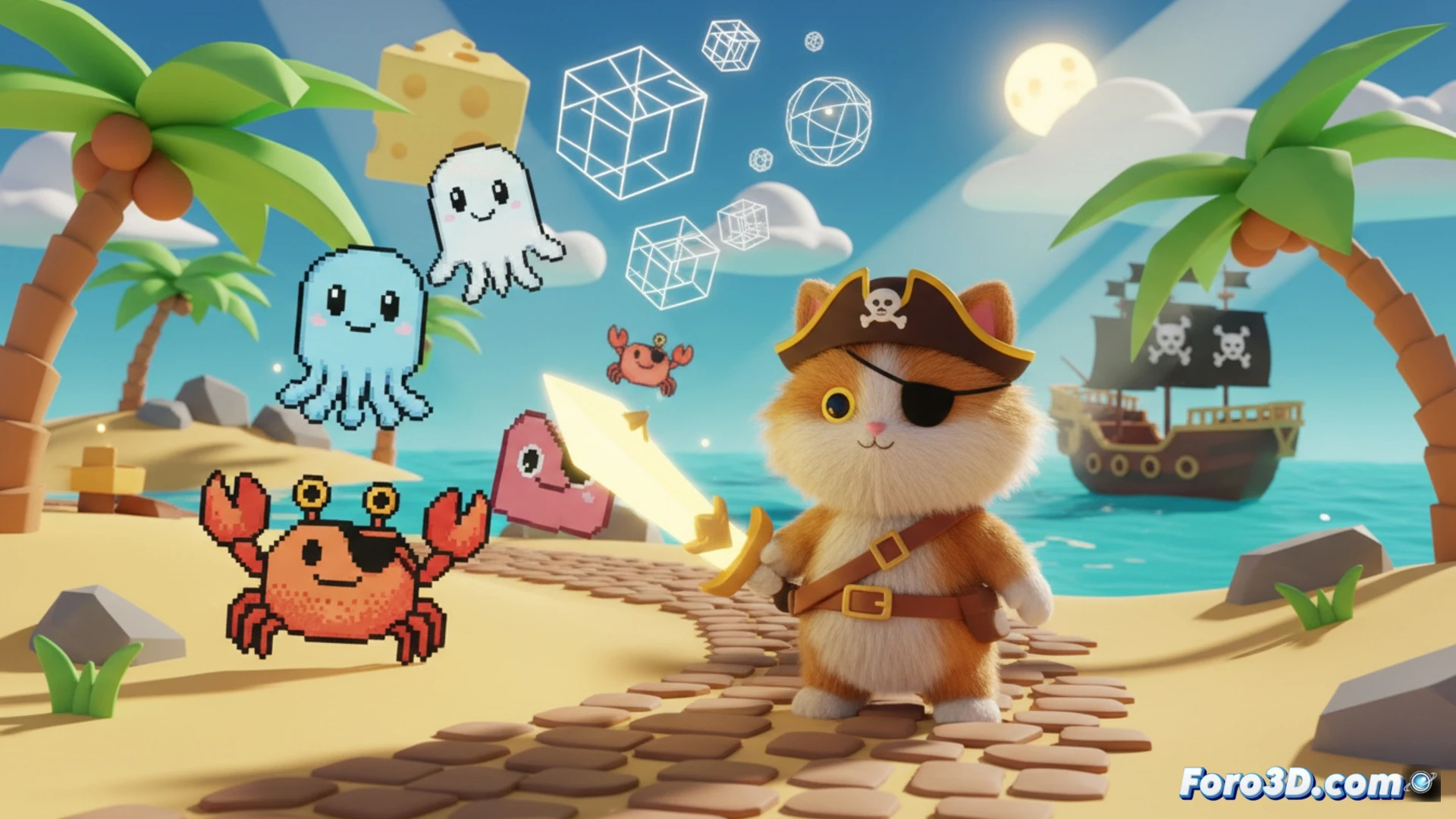 Captura de Cat Quest III con gato en mundo 3D colorido y sprites 2D animados estilo kawaii
