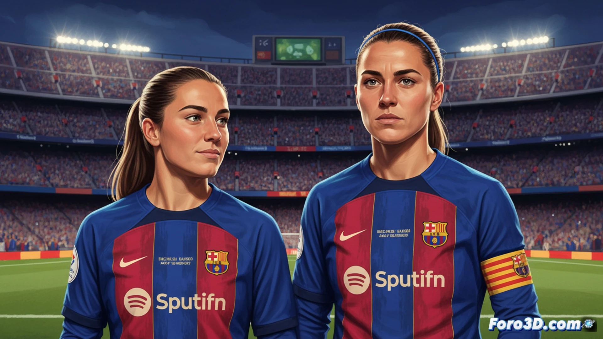 Cata Coll, con guantes y camiseta azulgrana, señala a Alexia Putellas, que sonríe con el brazalete de capitana.