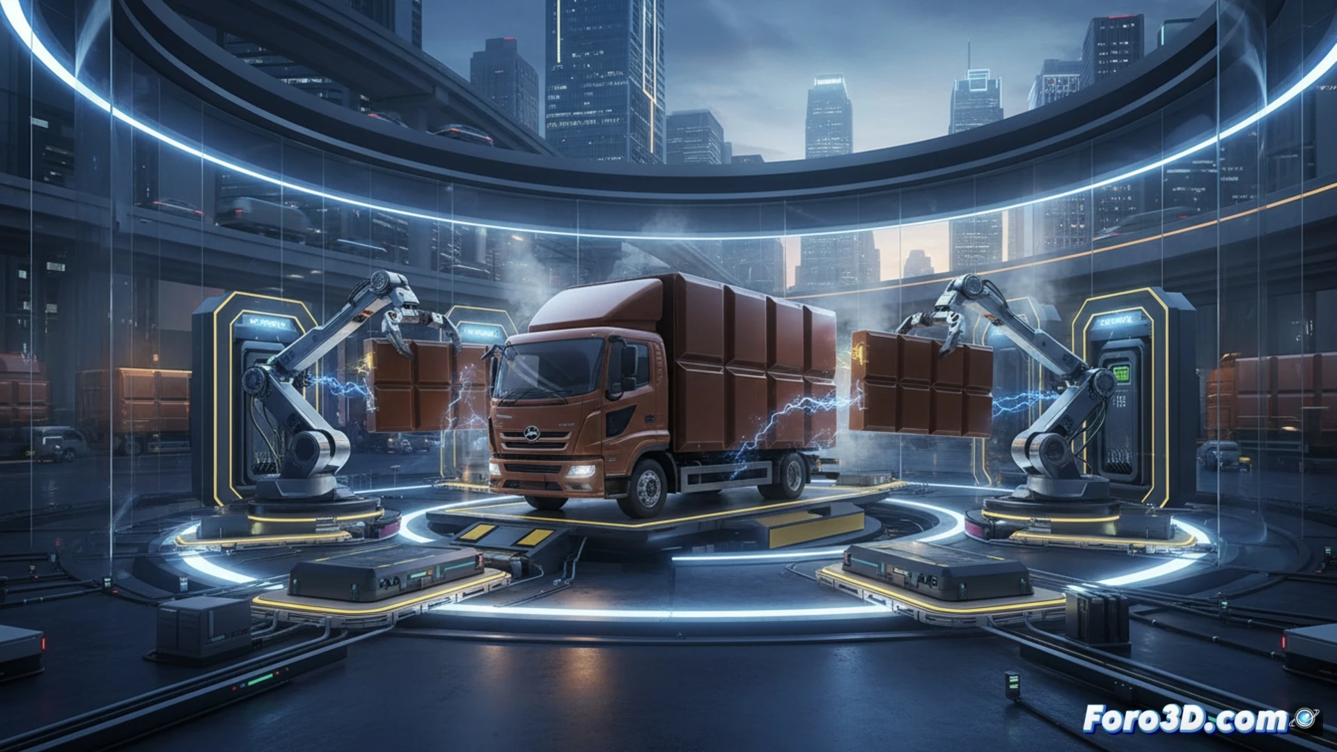 Electric truck at urban logistics hub, robotic arm removing depleted battery pack from undercarriage while fresh battery descends from overhead gantry, illuminated LED indicators on battery modules showing green status, automated guided vehicle positioning under chassis, 120-second swap timer holographic display floating nearby, concrete floor with safety markings, bright white industrial lighting, metallic surfaces reflecting blue glow from battery connectors, photorealistic technical visualization, cinematic perspective from ground level, dramatic shadows emphasizing mechanical precision