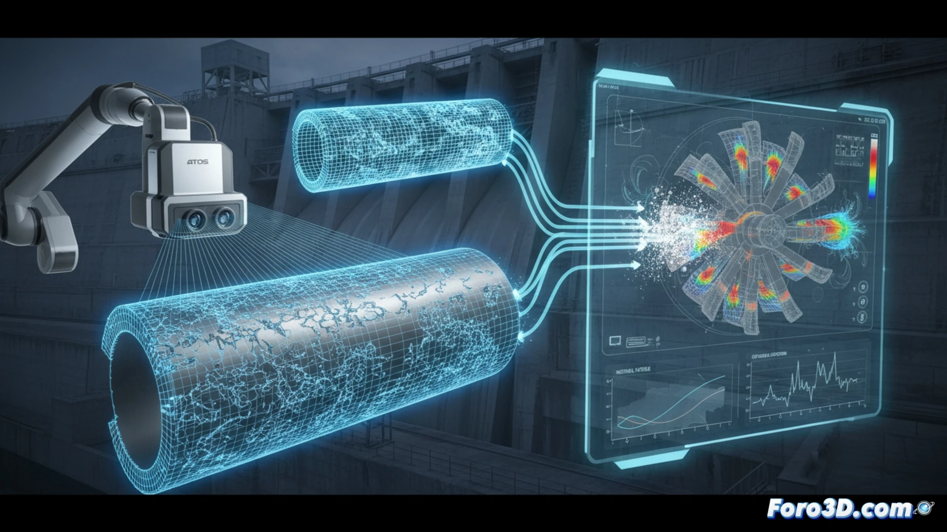 Escaneo 3D GOM ATOS de álabe hidroeléctrico dañado por cavitación, mostrando erosión superficial y cráteres en el metal