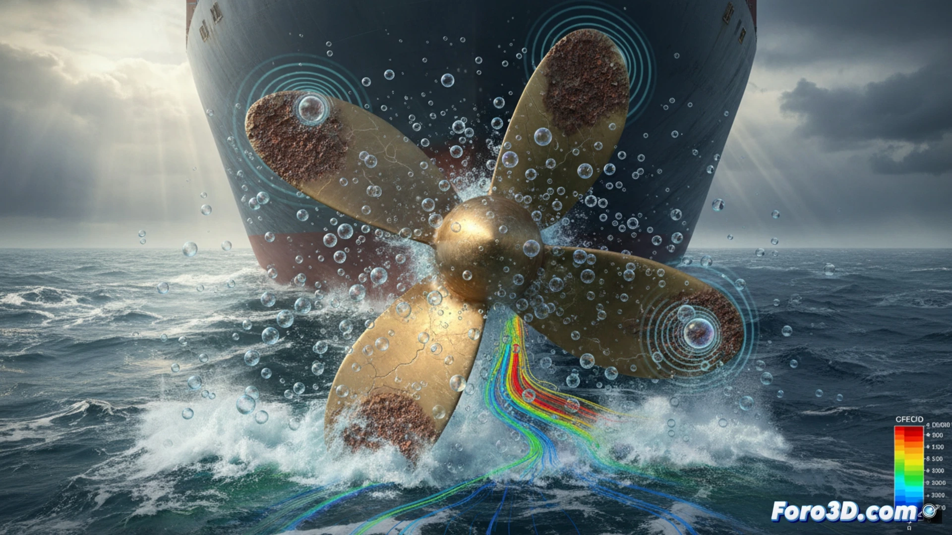 Simulación CFD de cavitación en hélice naval mostrando burbujas colapsando sobre la superficie metálica