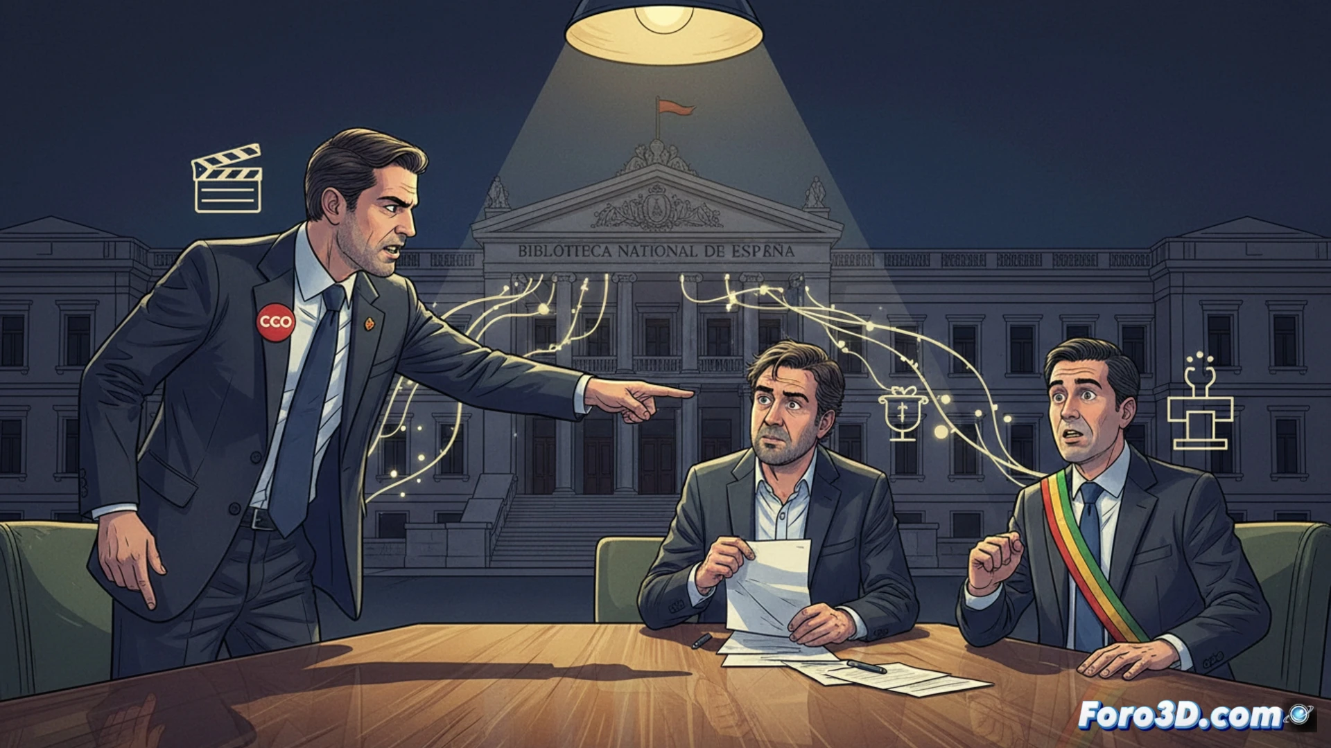 Una imagen dividida: a la izquierda, un documento con datos personales filtrados; a la derecha, el ministro Urtasun y el director Arroyo de espaldas, con un fondo de caos en la BNE.
