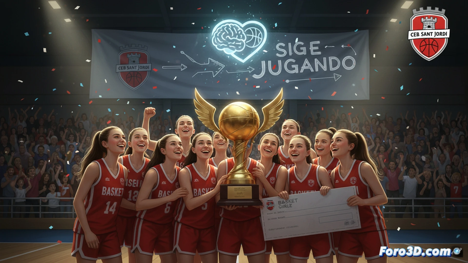 Un grupo de niñas con camisetas del CEB Sant Jordi sonríen en una cancha de baloncesto, con un cartel que dice Sigue Jugando y un corazón dibujado.