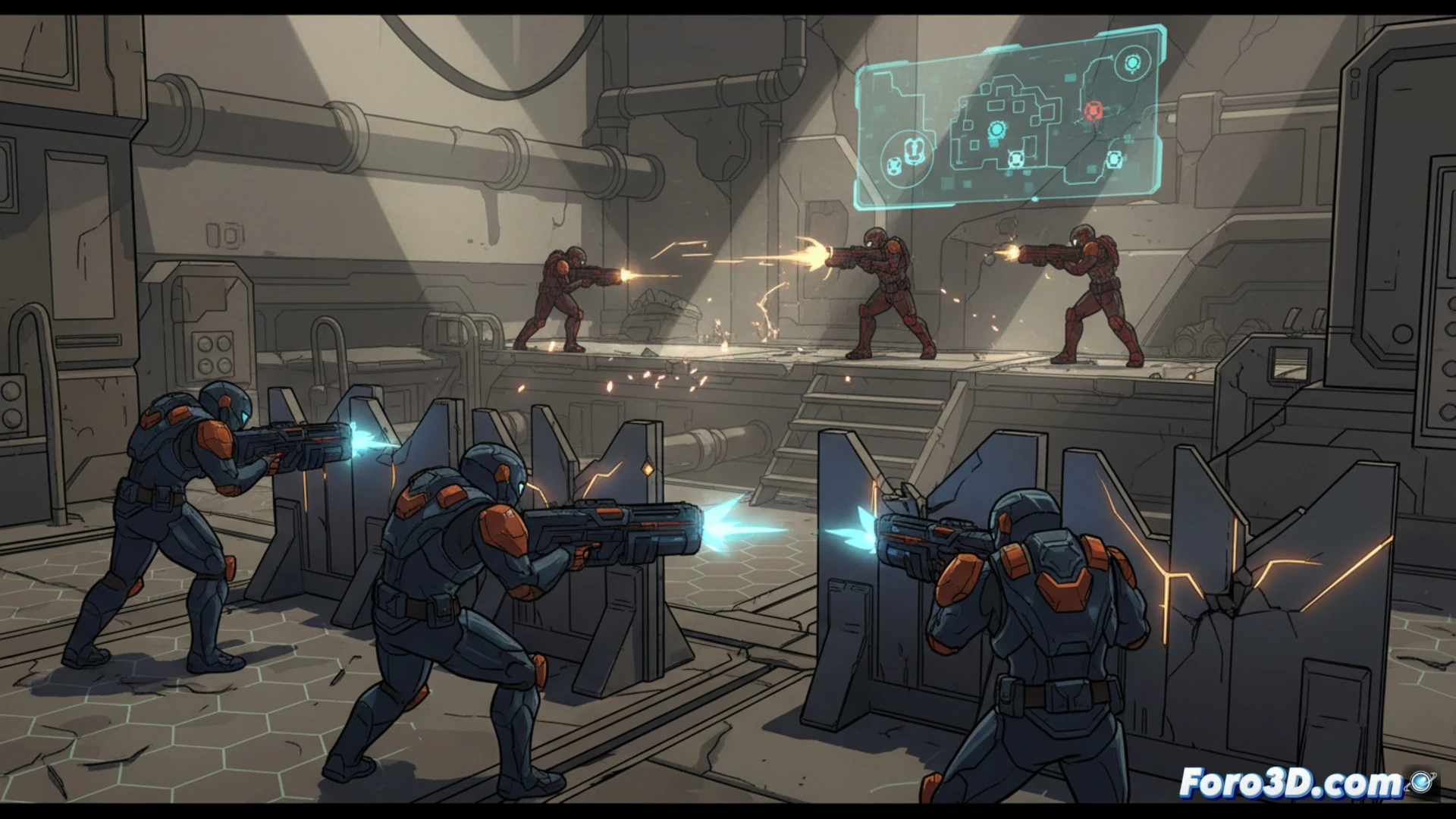 Escena de Spectre Divide con personajes cel-shaded, contornos gruesos y luces planas en un entorno urbano futurista