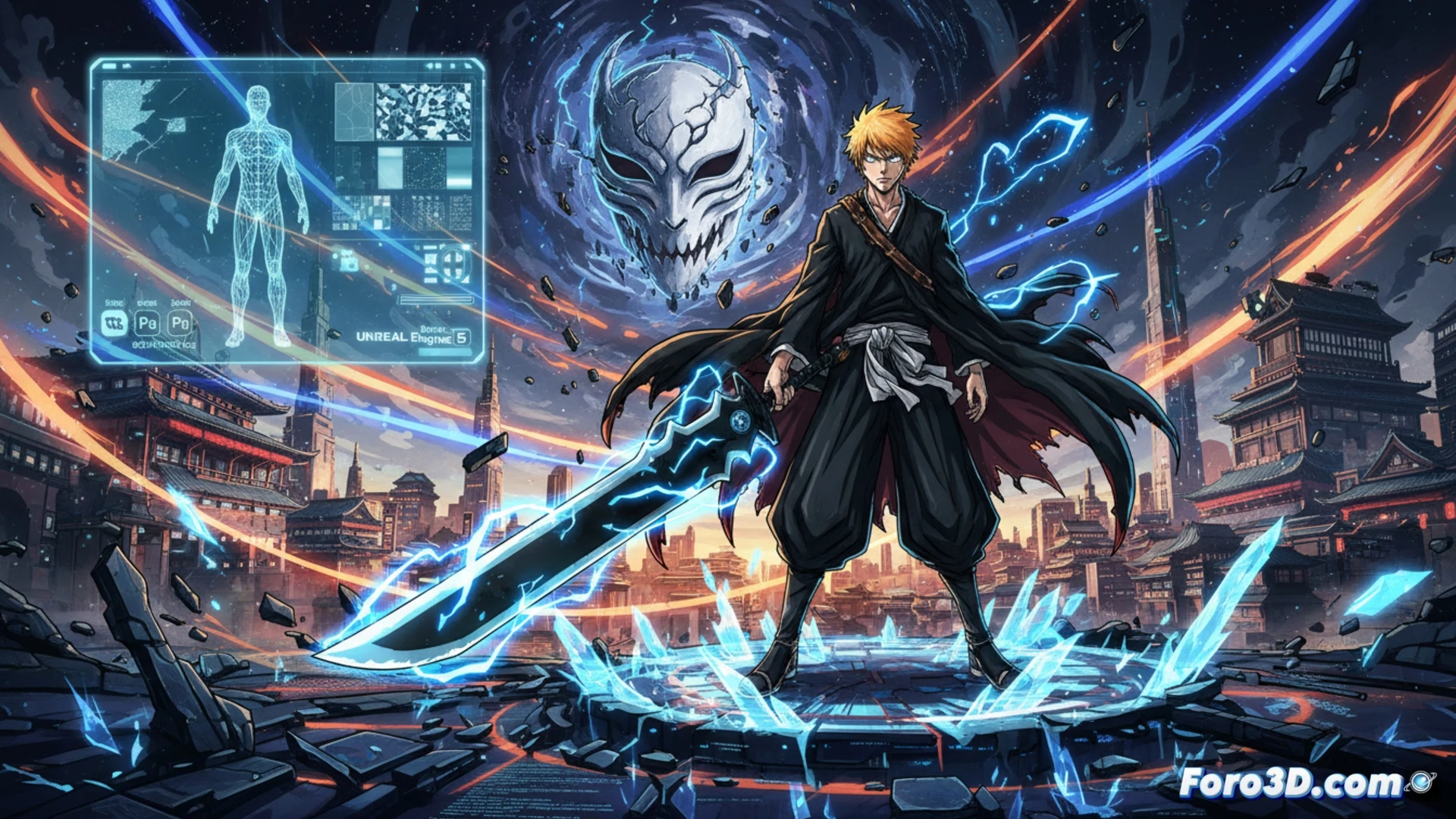 Escena de Bleach Rebirth of Souls con cel-shading en Unreal Engine 5, estilo anime fiel al manga