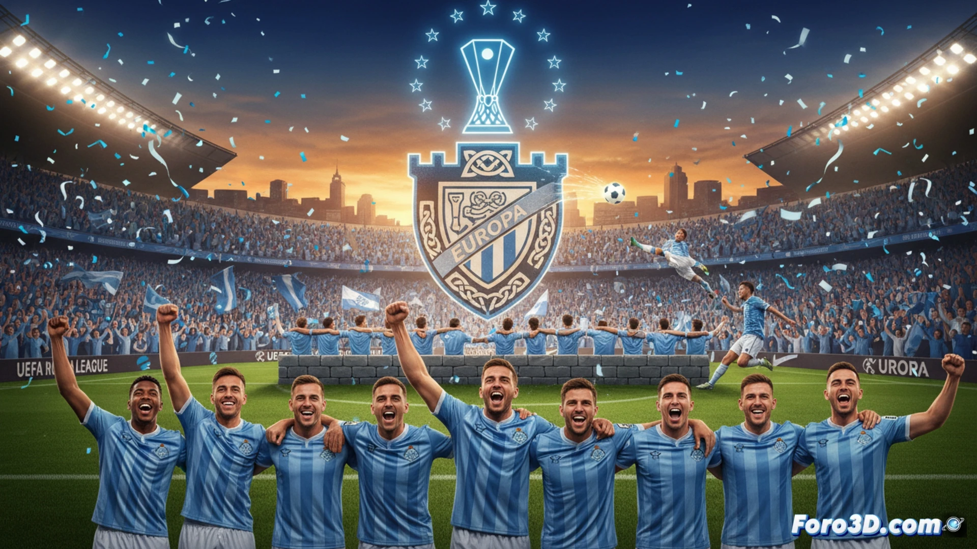 Celta de Vigo defensive wall formation during a Europa League match, defenders in sky-blue jerseys blocking a powerful shot while a striker counters with a precise finishing kick toward the goal, stadium floodlights illuminating the grass pitch, tactical movement lines showing compact defensive shape and fast transition, photorealistic sports visualization, dynamic action freeze-frame, sweat droplets and grass particles suspended in air, intense focus on players faces, dramatic low-angle camera shot, ultra-detailed kit textures, cinematic match-day atmosphere