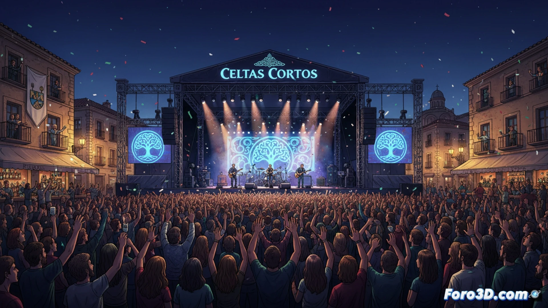 Un vibrante concierto de Celtas Cortos ante una multitud que llena la plaza de Manzanares, con bares iluminados al fondo y carteles de la Junta de Castilla-La Mancha.