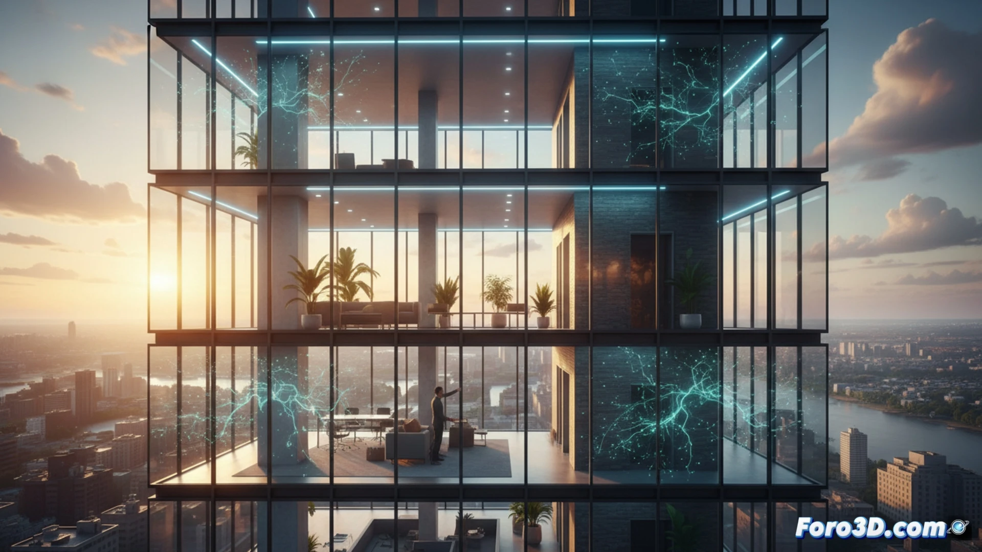 Photorealistic engineering visualization of an invisible solar cell being installed on a glass skyscraper facade, nanoscale photovoltaic layer only 10 nanometers thick shown as transparent film peeling from roll, sunlight passing through window while electrons flow along microscopic circuits, worker applying ultra-thin material with precision tool, city skyline reflected in glass, no text or numbers visible, cinematic lighting with blue-white energy glow tracing electricity generation, architectural glass surface detail, photorealistic technical render