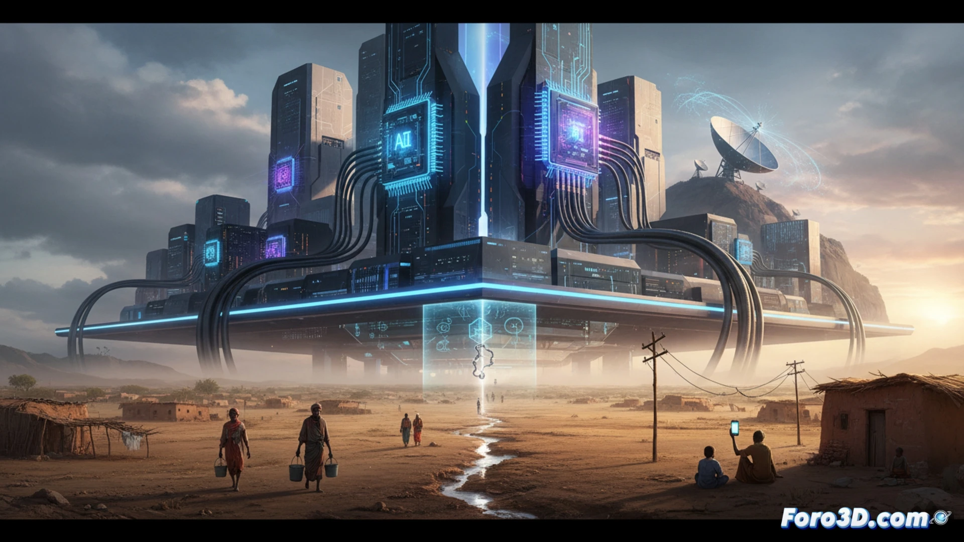 Photorealistic split-scene composition: left side shows a massive modern data center with glowing server racks and fiber optic cables, cooling pipes snaking through metallic structures; right side depicts a rural village with a broken satellite dish and a child holding a disconnected modem, tangled copper wires hanging; a transparent digital bridge spans the gap, crumbling in the middle; dramatic chiaroscuro lighting, high-contrast industrial vs earthy tones, cinematic wide-angle lens, ultra-detailed hardware textures, technical visualization style, no text or numbers visible.