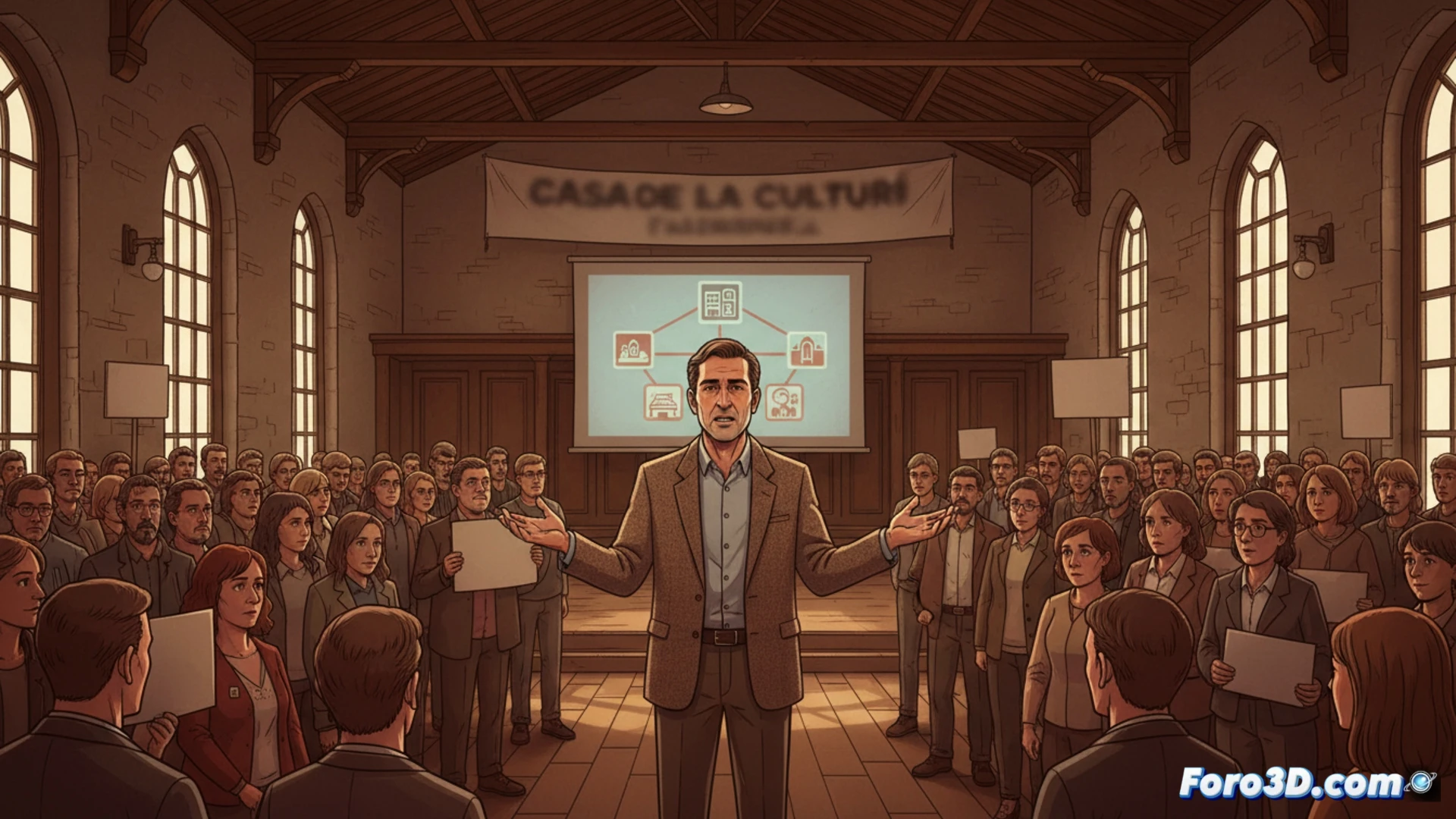 Una asamblea en la Casa de la Cultura con un centenar de personas; el profesor Andrés Bertí es portavoz ante docentes y familias.