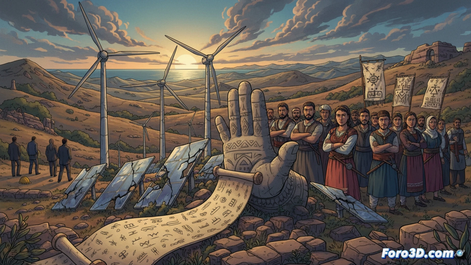 Imagen de un paisaje sardo con molinos eólicos al fondo, rodeados de manifestantes locales con pancartas, bajo un cielo nublado que refleja tensión y desconfianza hacia forasteros.