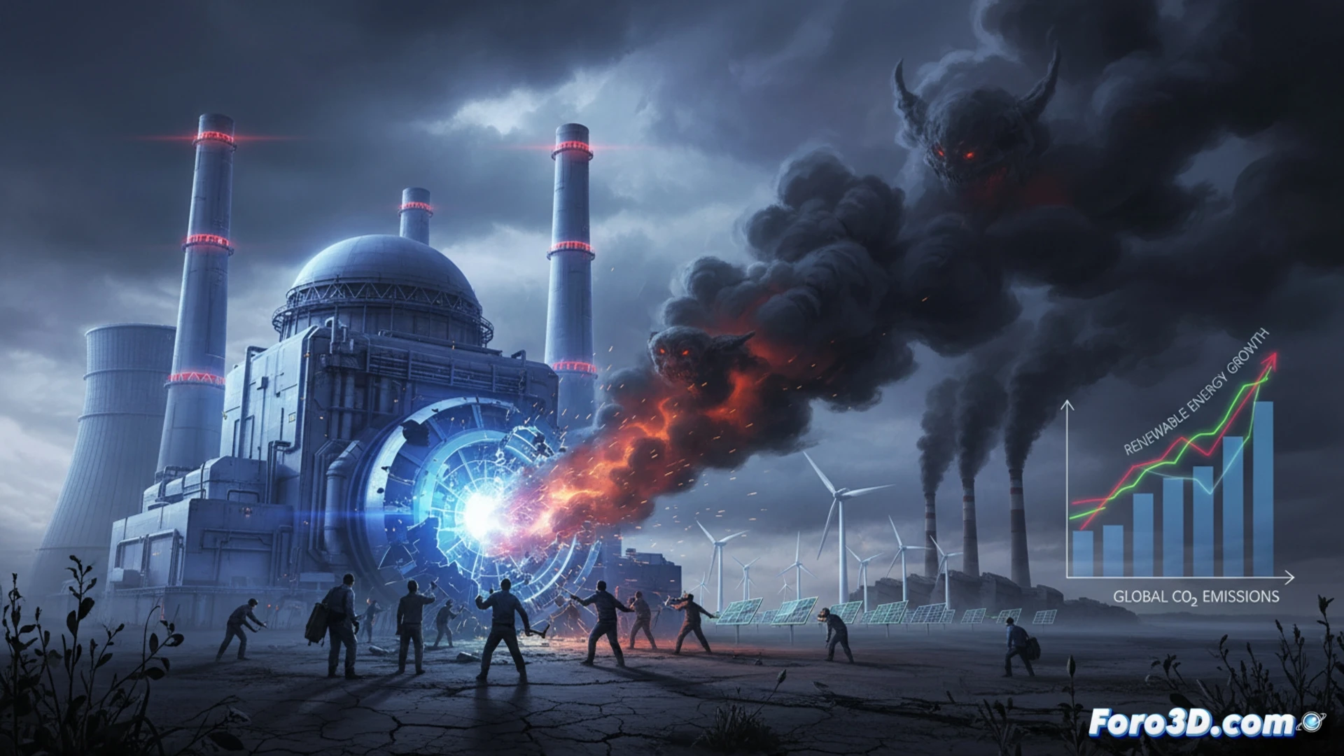Una central nuclear activa emite vapor limpio, junto a un paisaje de turbinas eólicas y humo de fábrica, simbolizando el dilema energético.