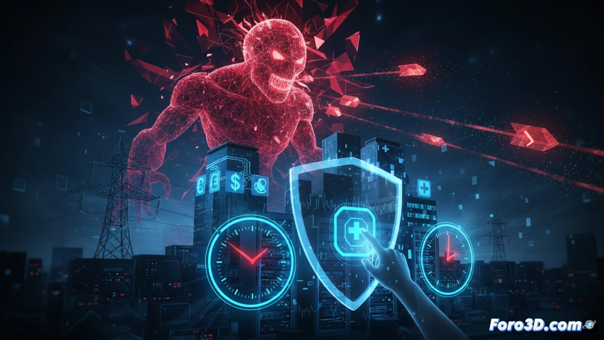 cybersecurity dashboard interface showing countdown timer at 12 hours, automated AI attack lines penetrating firewall layers, critical infrastructure icons like power grid and hospital displayed under threat, red alert indicators flashing, system patch deployment process activating across network nodes, technical illustration style, dark blue and neon red color scheme, glowing data streams, holographic shield breaking under pressure, photorealistic engineering visualization, dramatic lighting, ultra-detailed server rack reflections