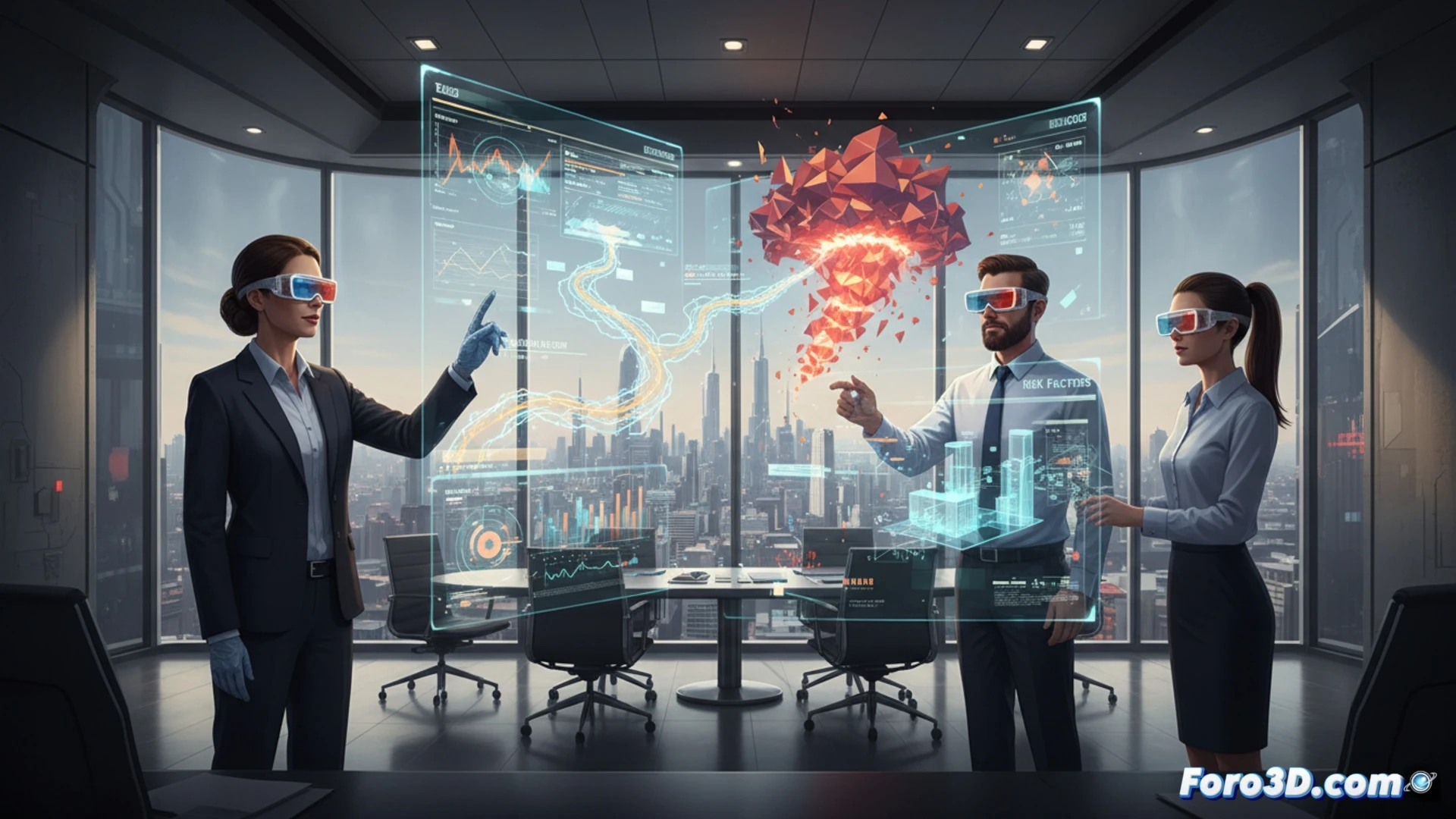 CFO con gafas 3D manipula un modelo financiero interactivo, flujos de caja y activos flotantes en un espacio virtual.