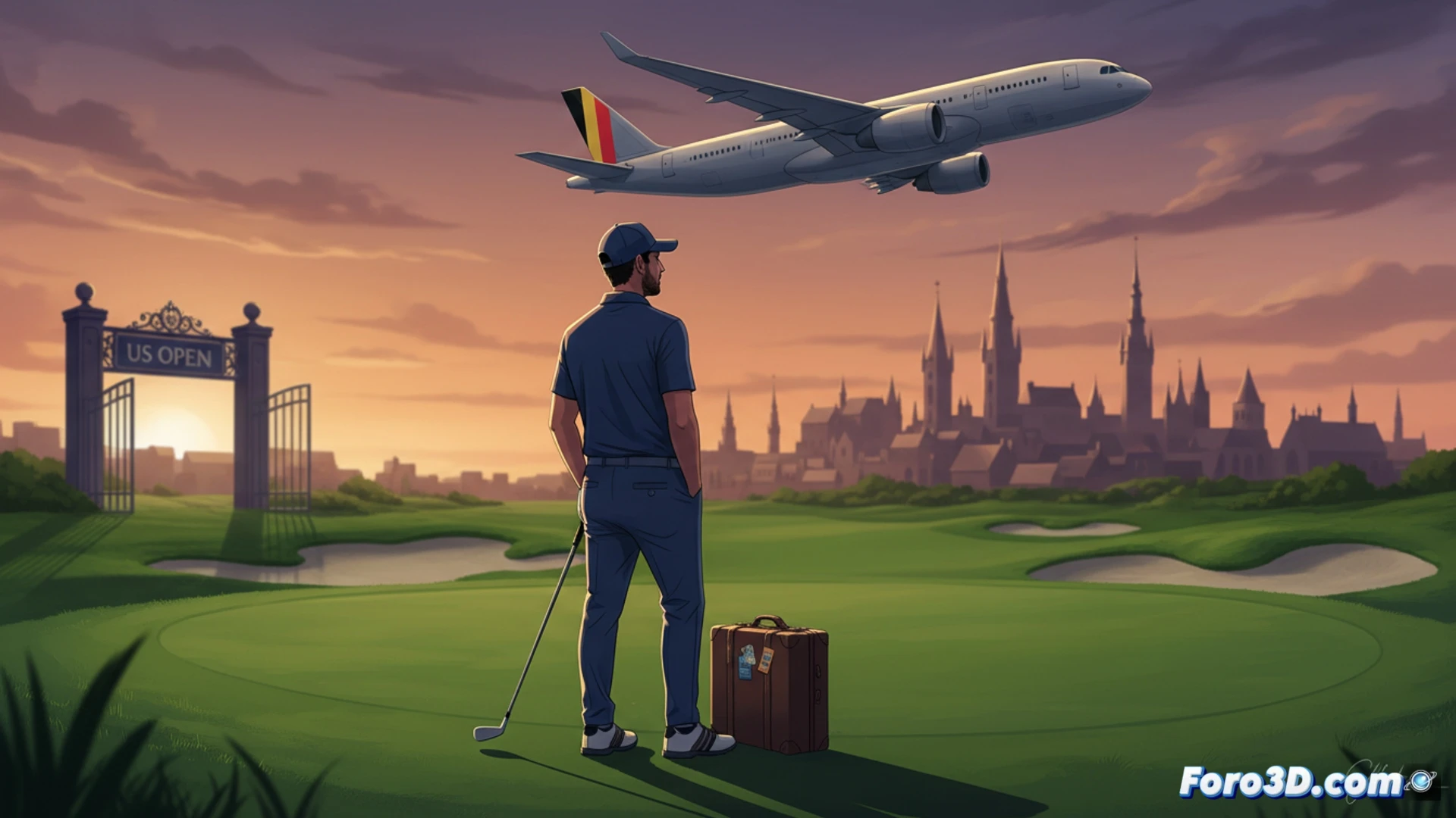 David Chacarra en un aeropuerto nocturno, corriendo hacia la puerta de embarque con un palo de golf en la mano, mientras un reloj digital muestra la hora de salida del vuelo a Bélgica, fondo de cartel luminoso del US Open con una X roja superpuesta, maleta de equipo técnico abierta mostrando herramientas de ajuste de putter, sensor de swing y analizador de datos de vuelo, estilo cinematográfico fotorrealista, iluminación dramática con neones azules y naranjas, desenfoque de movimiento en las piernas del jugador, reflejos en el suelo pulido del aeropuerto, atmósfera tensa de decisión técnica